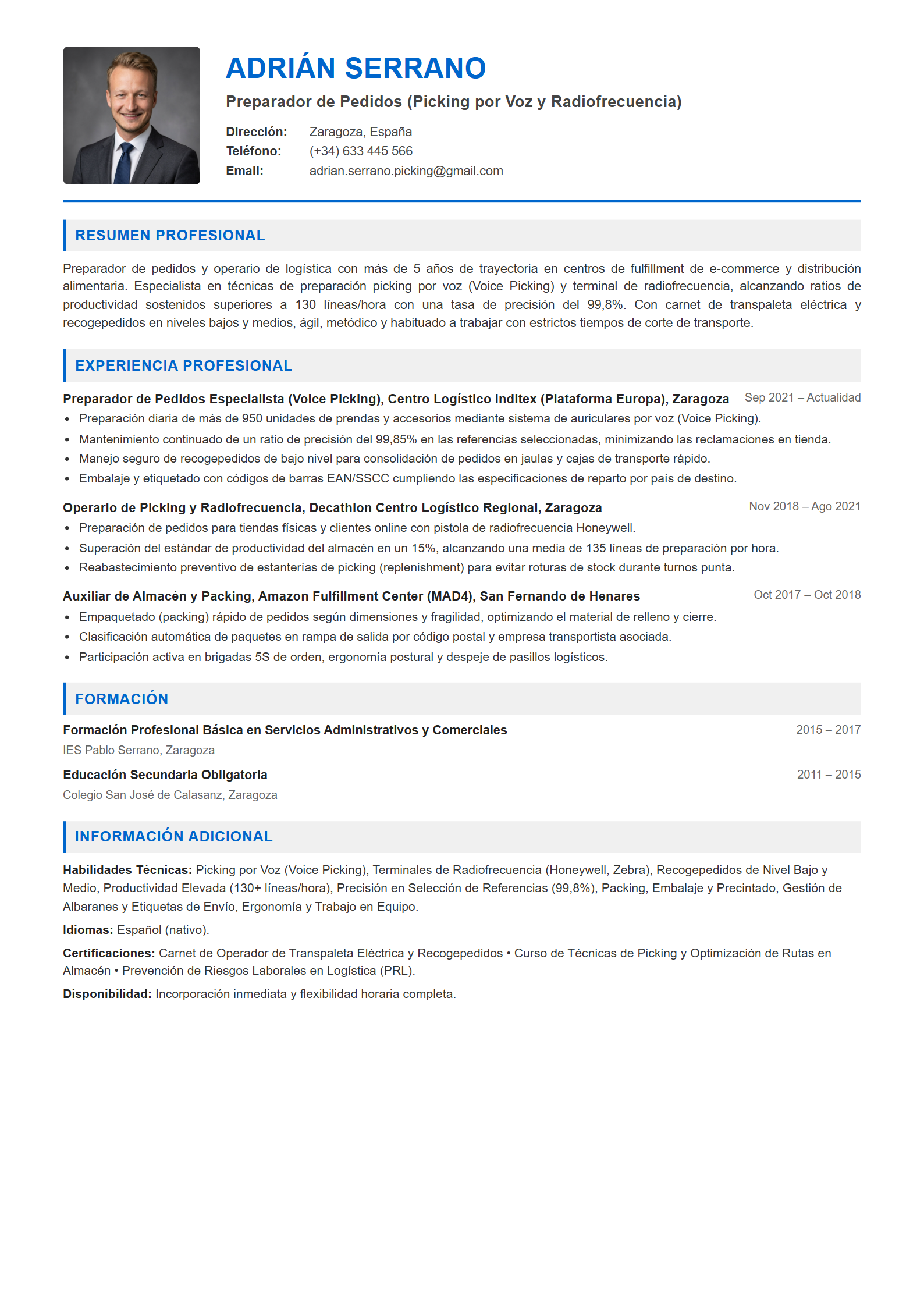 Ejemplo de CV Preparador de Pedidos
