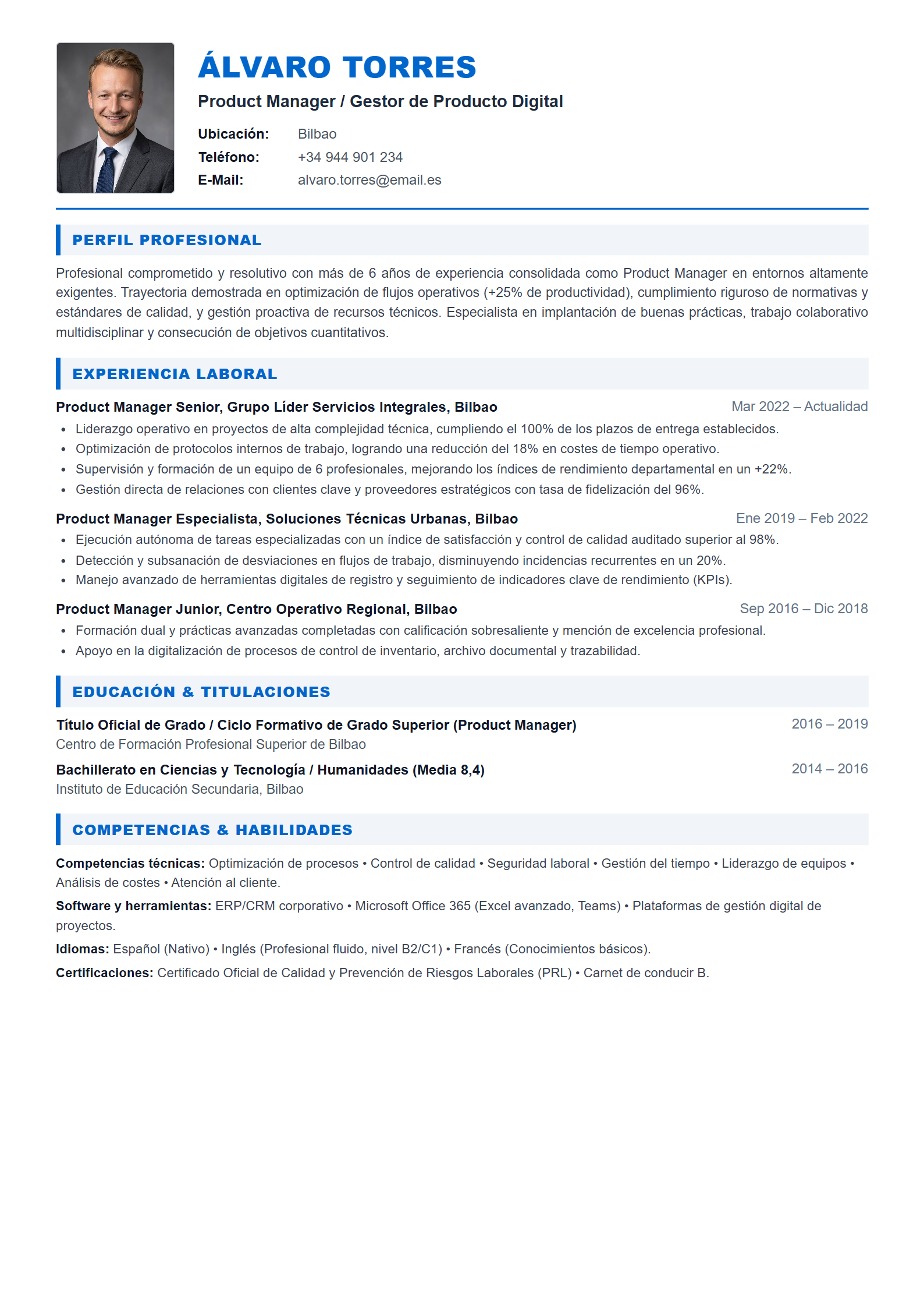 Ejemplo de CV Product Manager / Gestor de Producto Digital (Plantilla Profesional 303 - Formato A4)