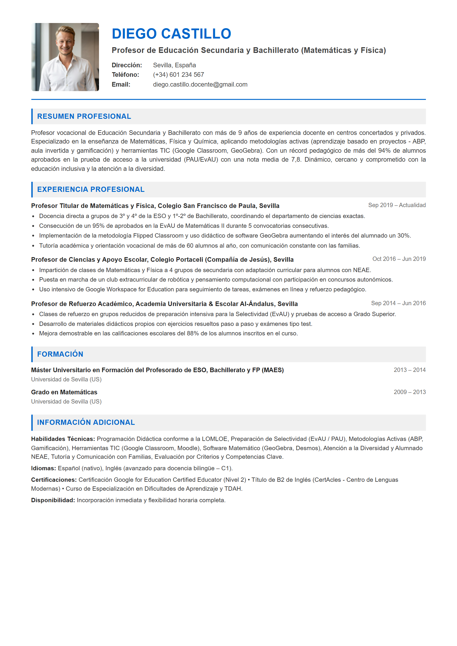 Ejemplo de CV Profesor / Docente