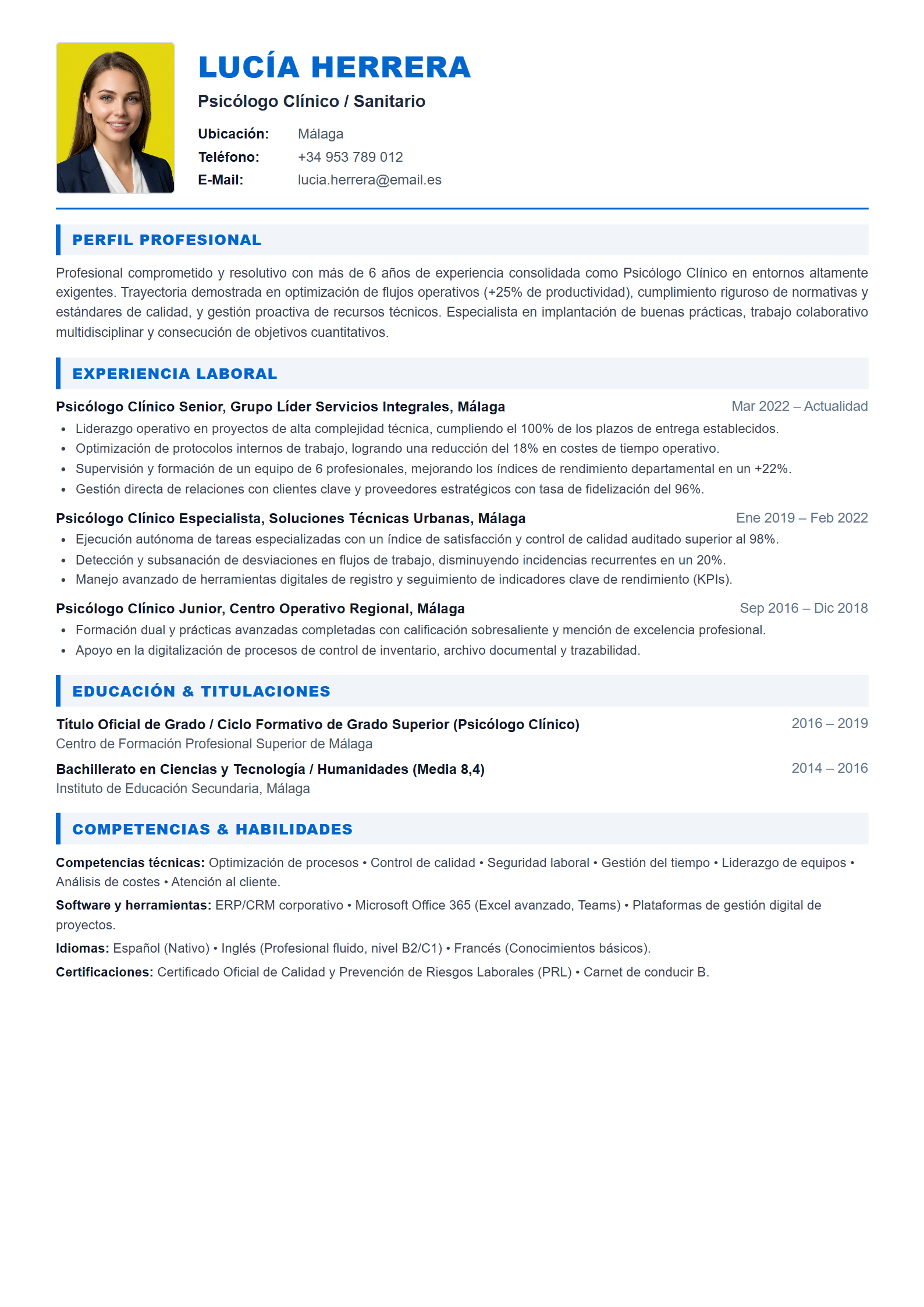 Ejemplo de CV Psicólogo Clínico / Sanitario (Plantilla Profesional 303 - Formato A4)