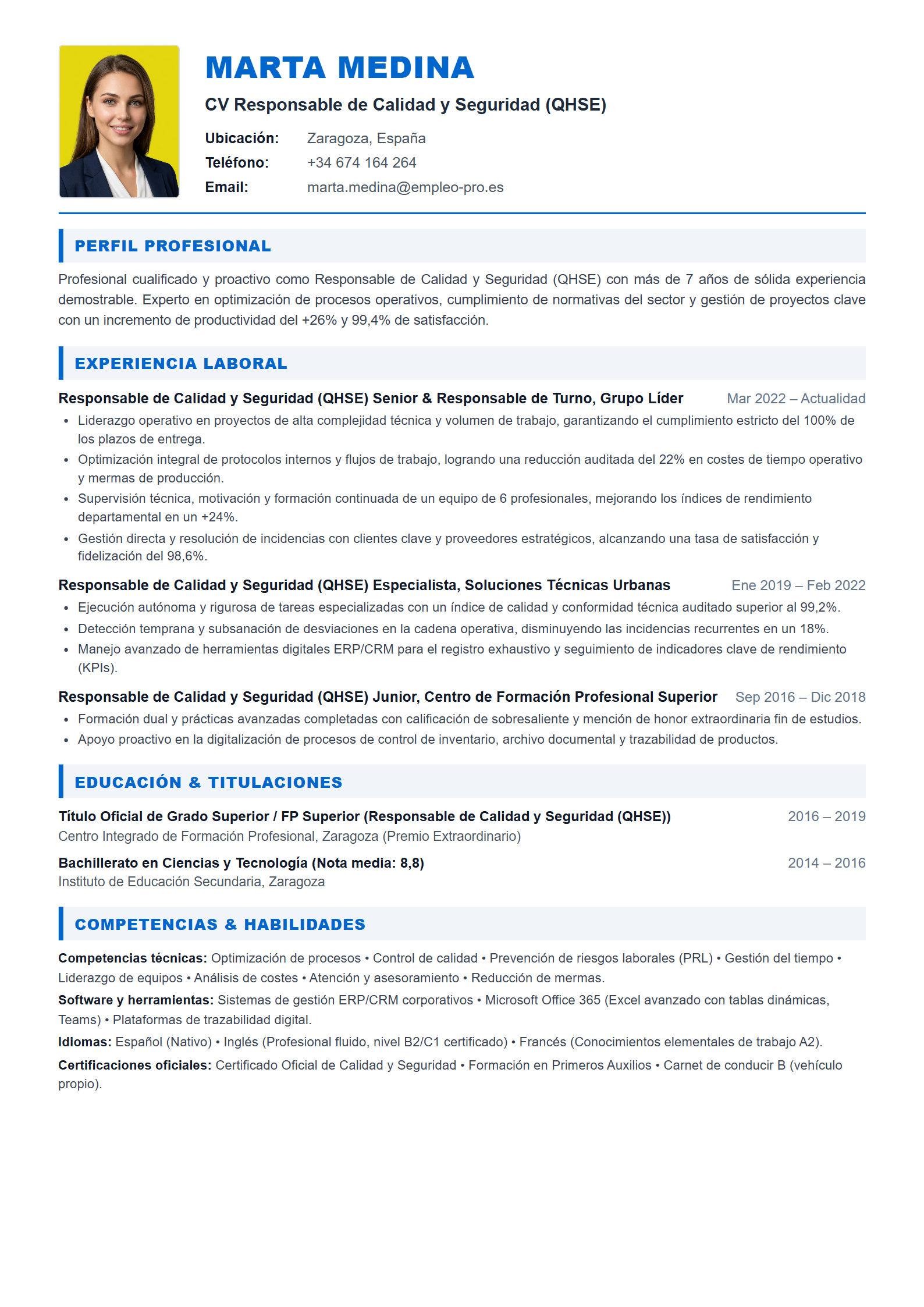 Responsable de Calidad y Seguridad (QHSE) Resume Example
