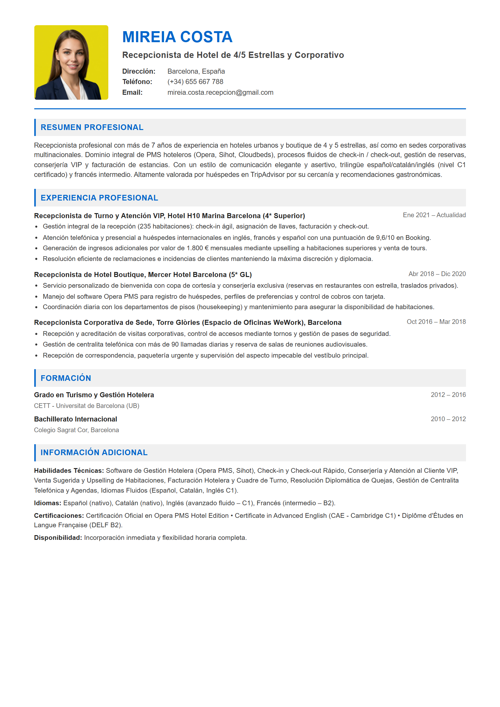 Ejemplo de CV Recepcionista