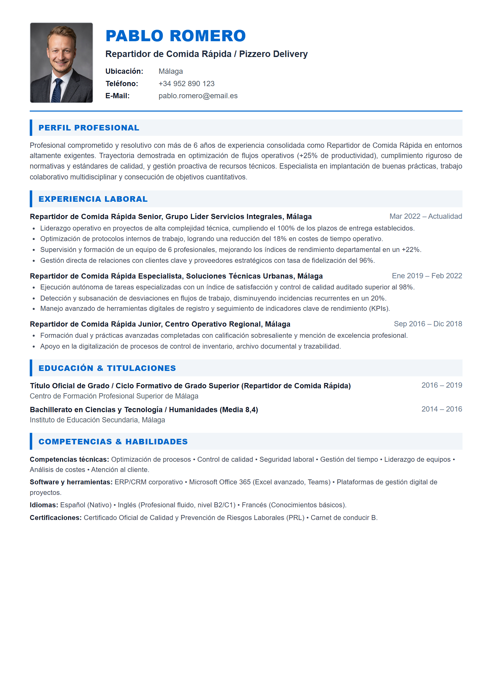 Ejemplo de CV Repartidor de Comida Rápida / Pizzero Delivery (Plantilla Profesional 303 - Formato A4)