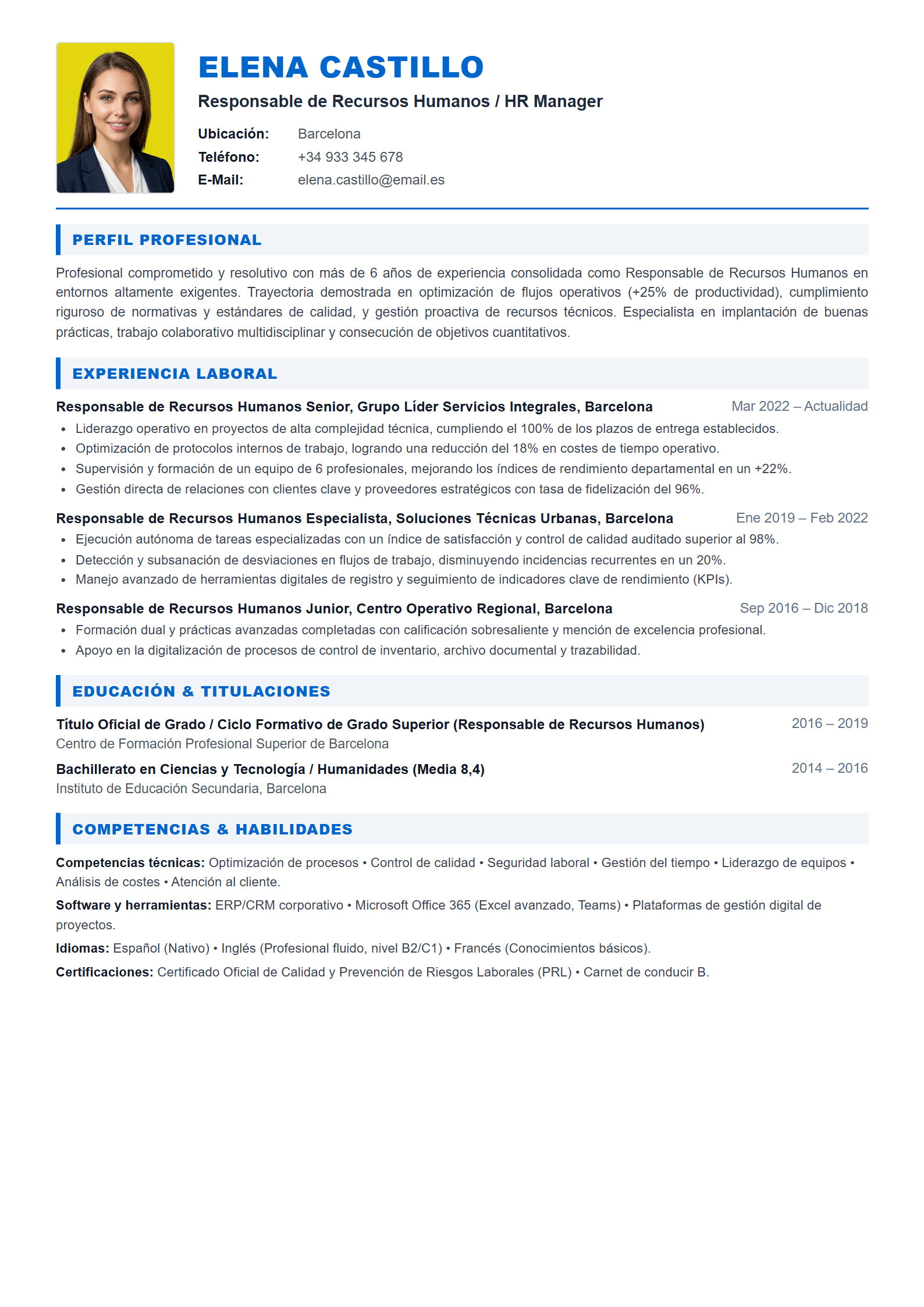 Ejemplo de CV Responsable de Recursos Humanos / HR Manager (Plantilla Profesional 303 - Formato A4)