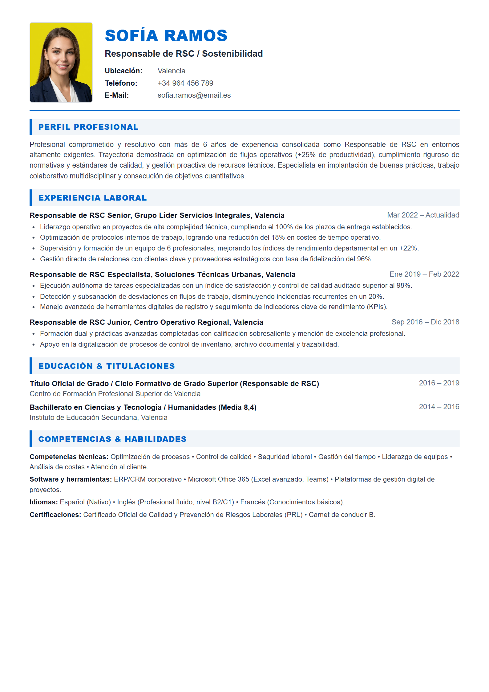 Ejemplo de CV Responsable de RSC / Sostenibilidad (Plantilla Profesional 303 - Formato A4)