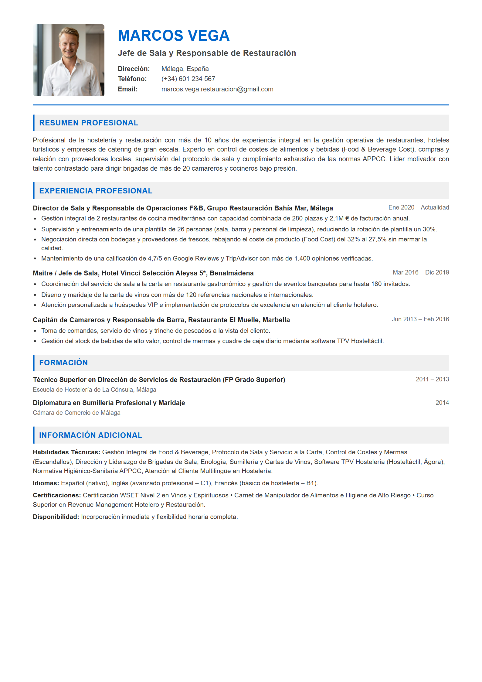 Ejemplo de CV Profesional de Restauración