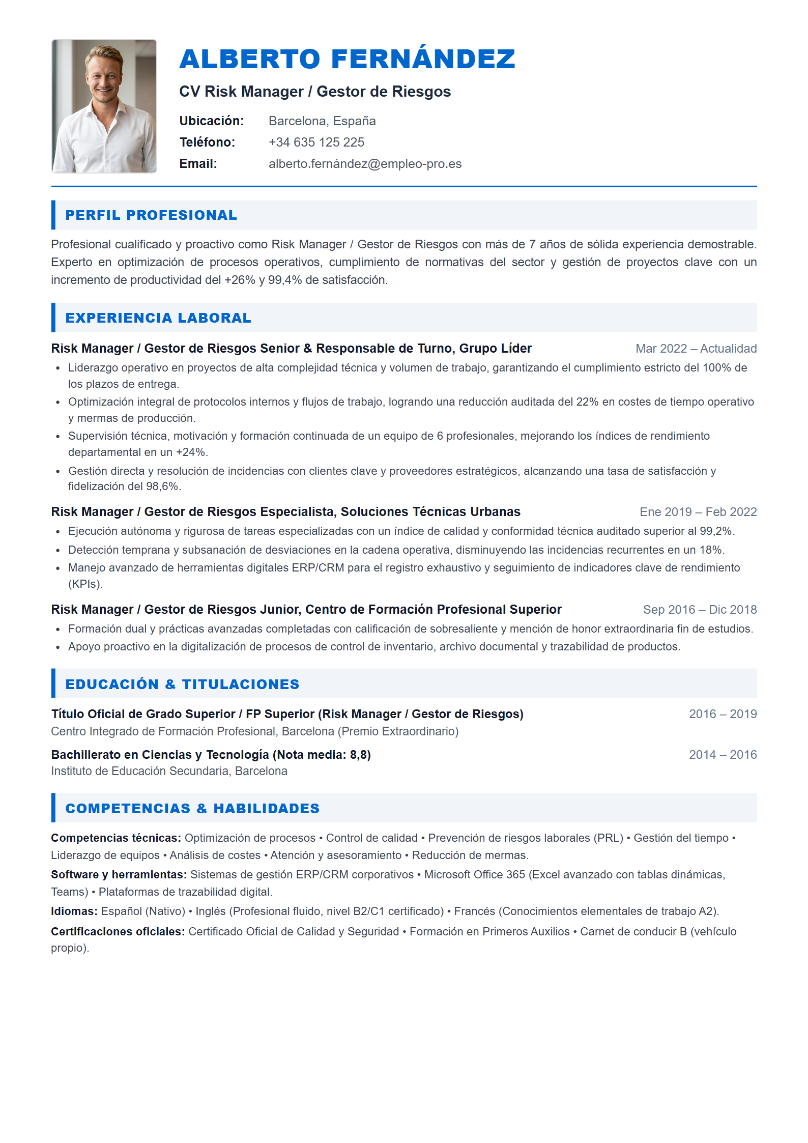 Risk Manager / Gestor de Riesgos Resume Example