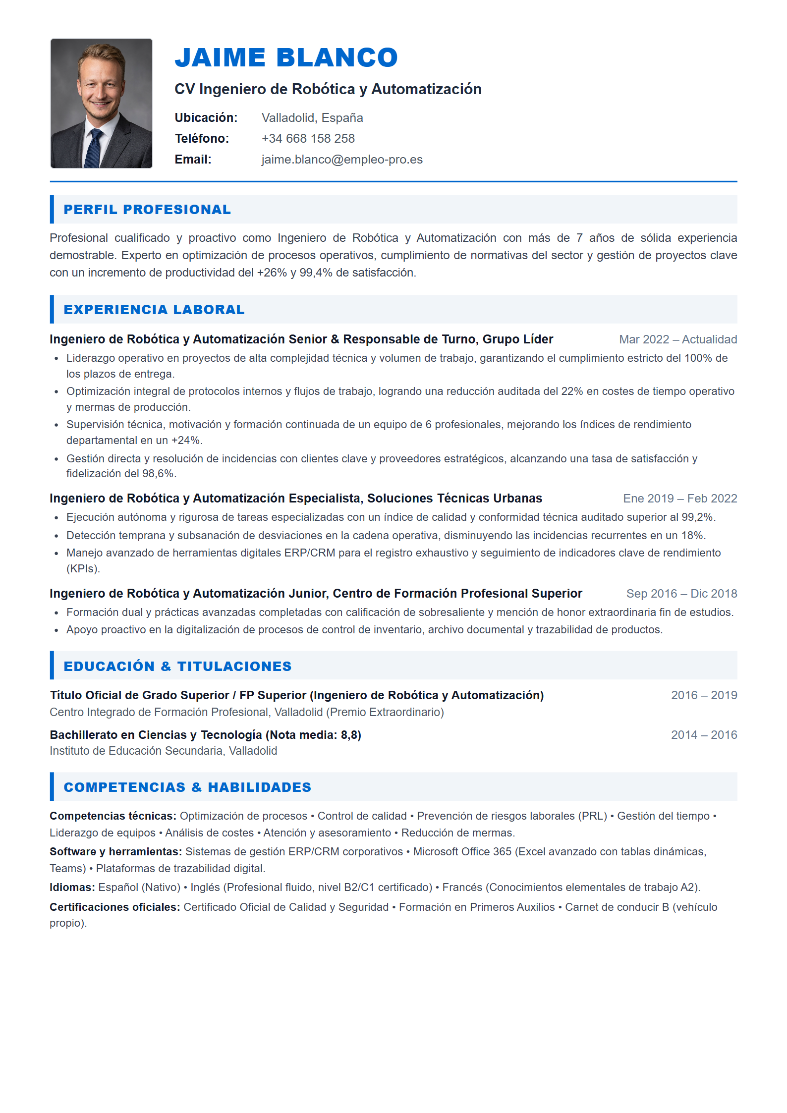 Ingeniero de Robótica y Automatización Resume Example