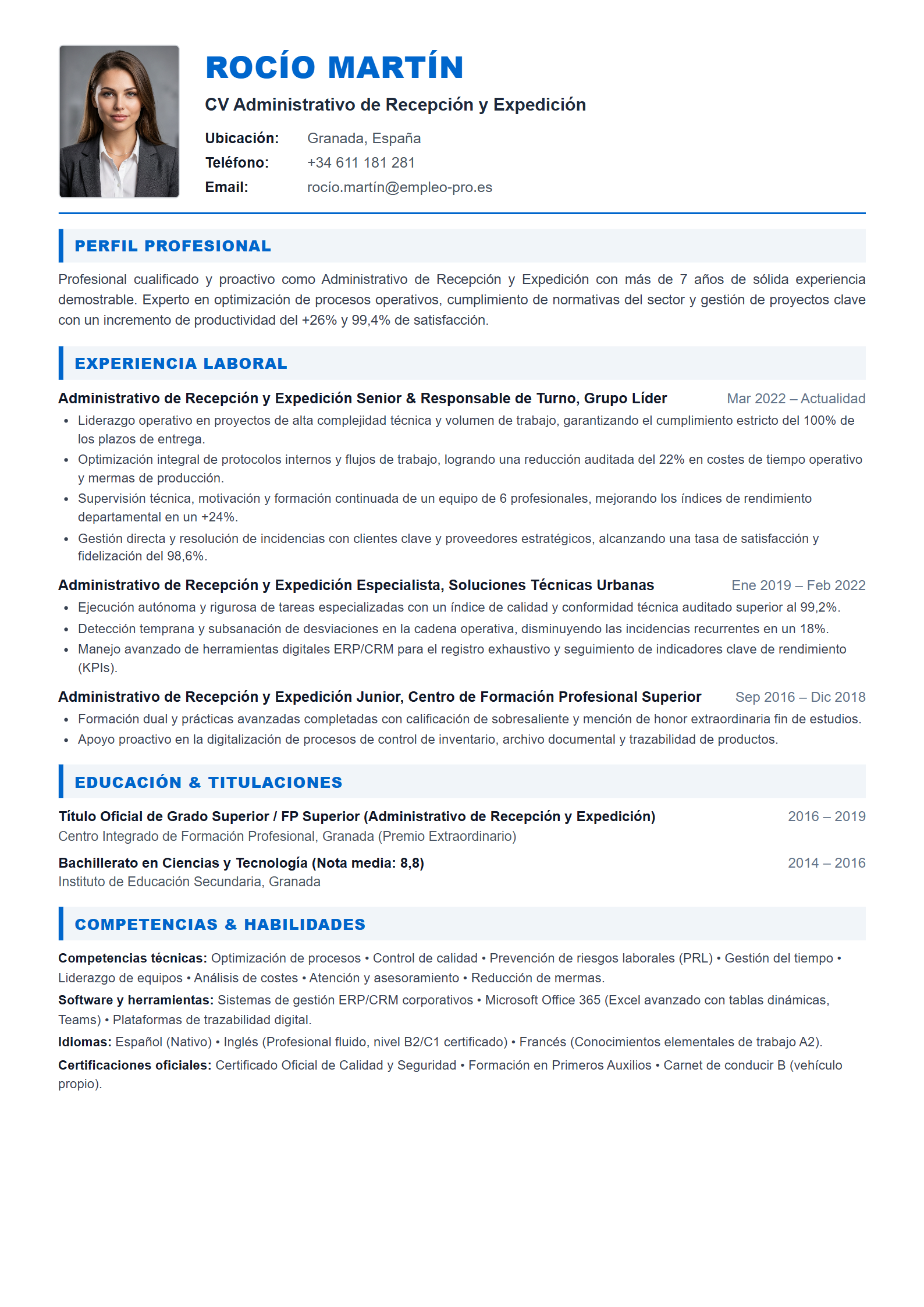 Administrativo de Recepción y Expedición Resume Example