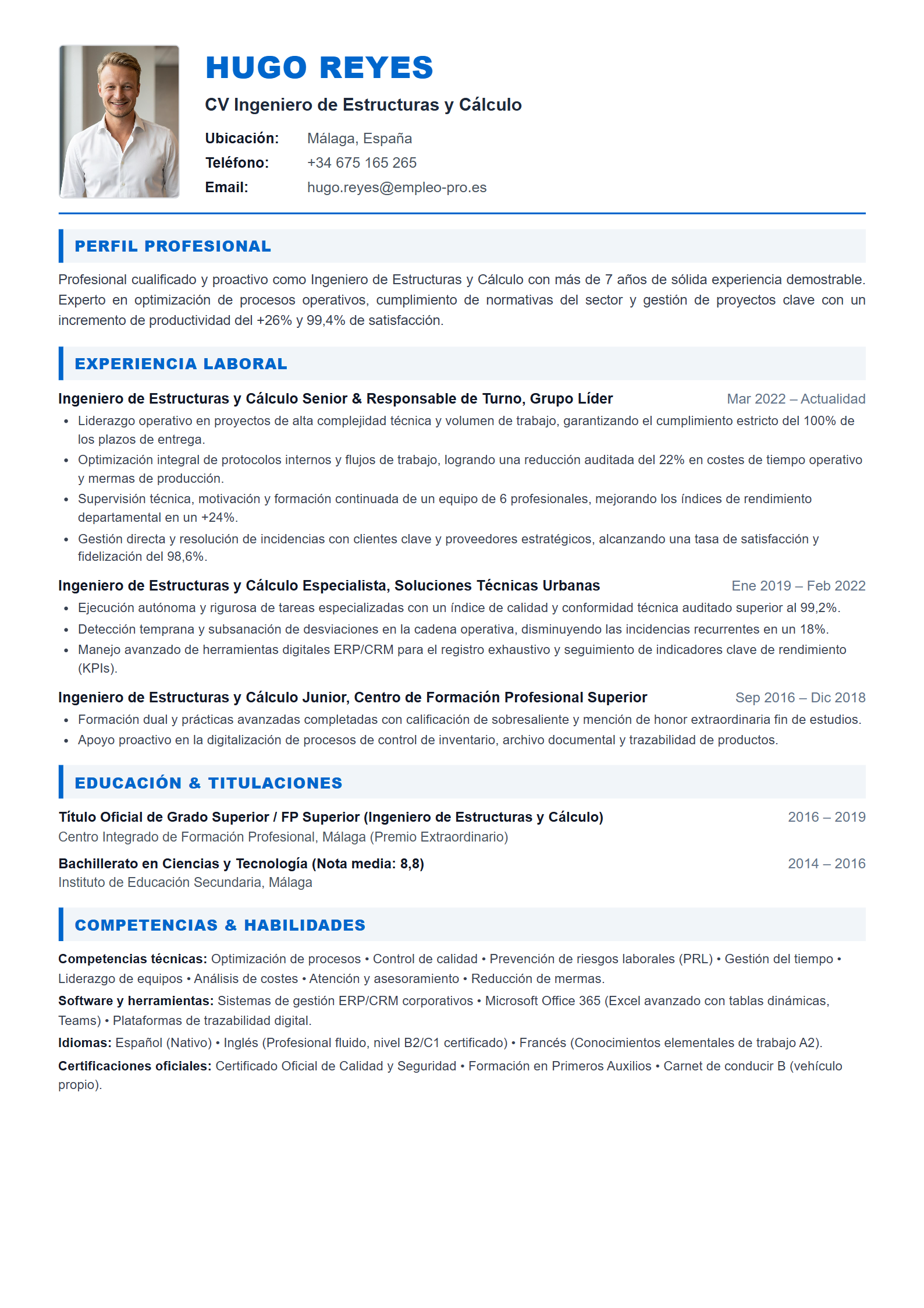 Ingeniero de Estructuras y Cálculo Resume Example
