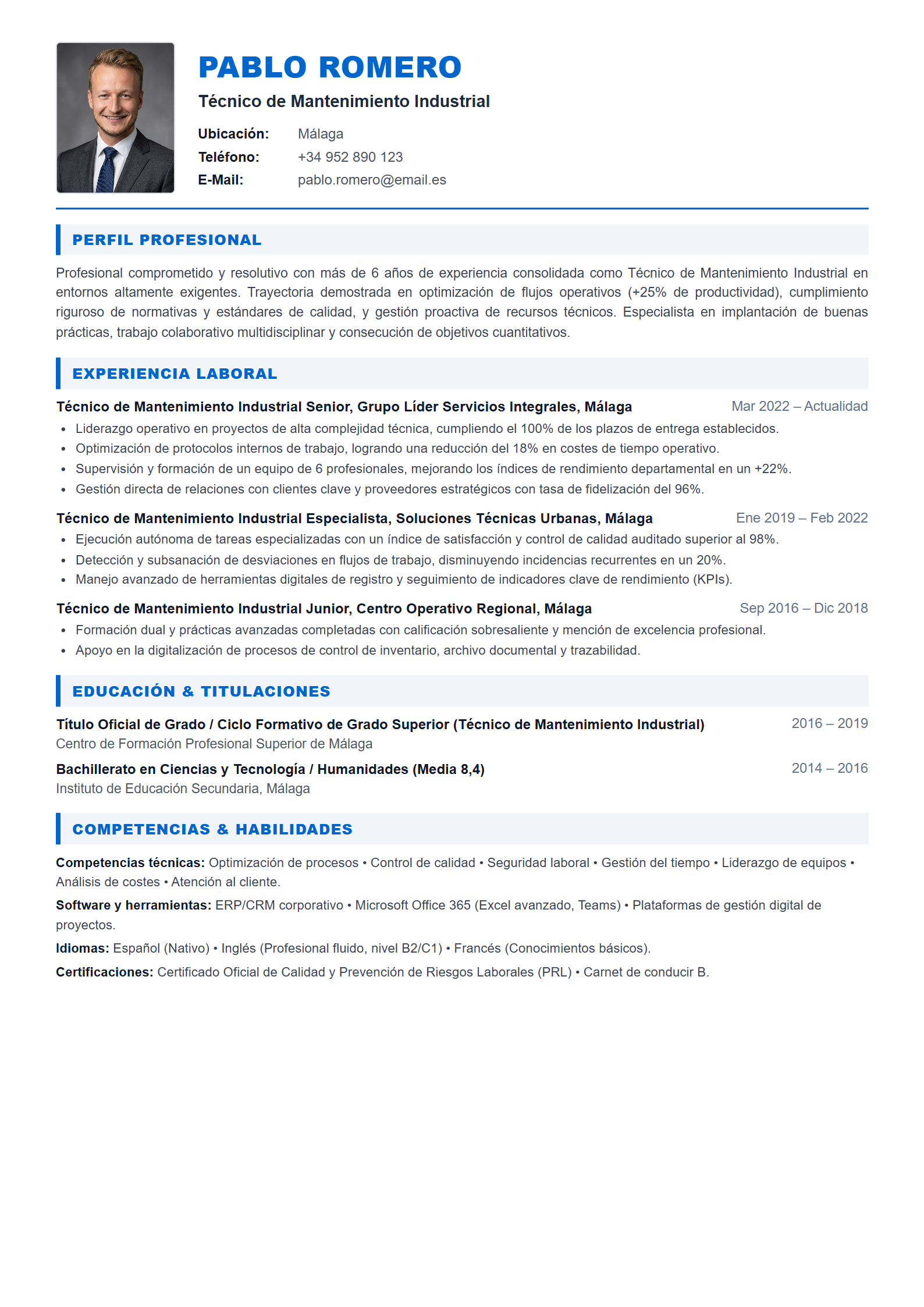 Ejemplo de CV Técnico de Mantenimiento Industrial