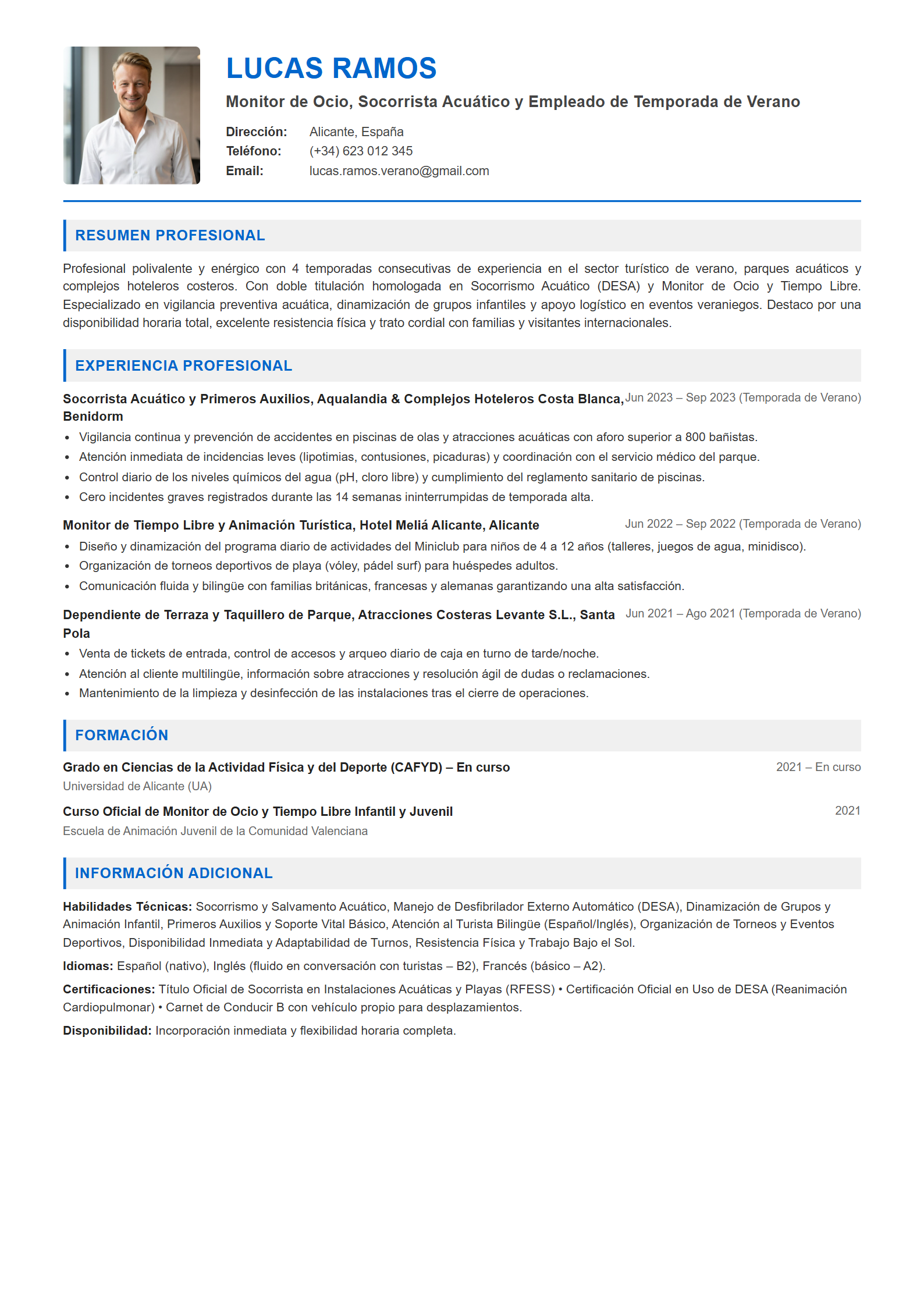 Ejemplo de CV Trabajador de Temporada / Empleo de Verano