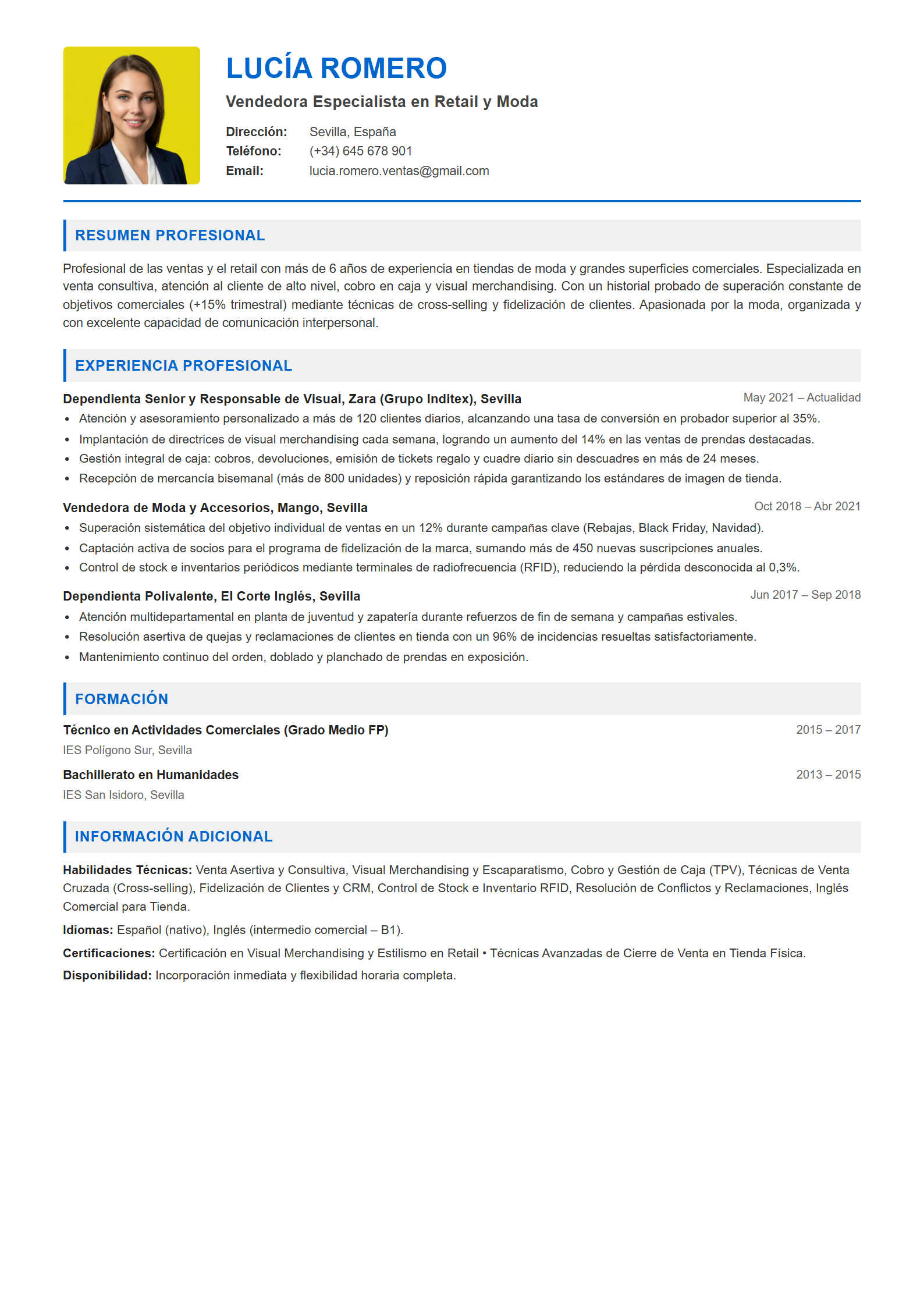 Ejemplo de CV Vendedor / Dependiente