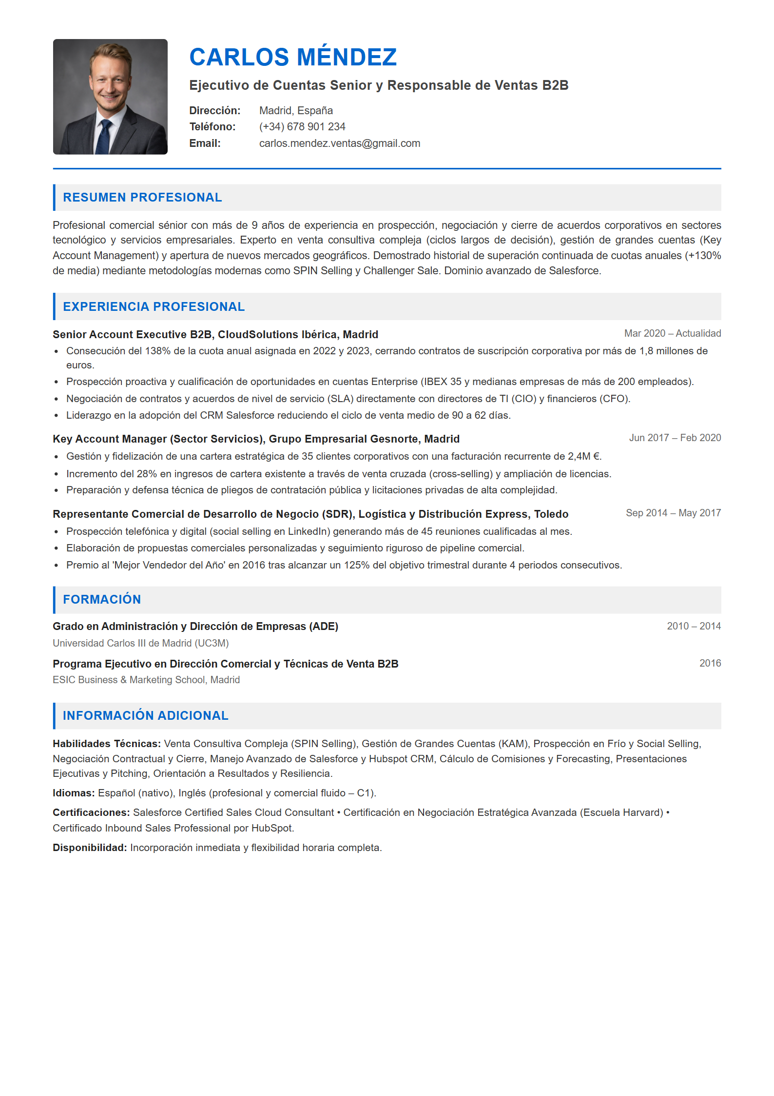 Ejemplo de CV Comercial / Ejecutivo de Ventas