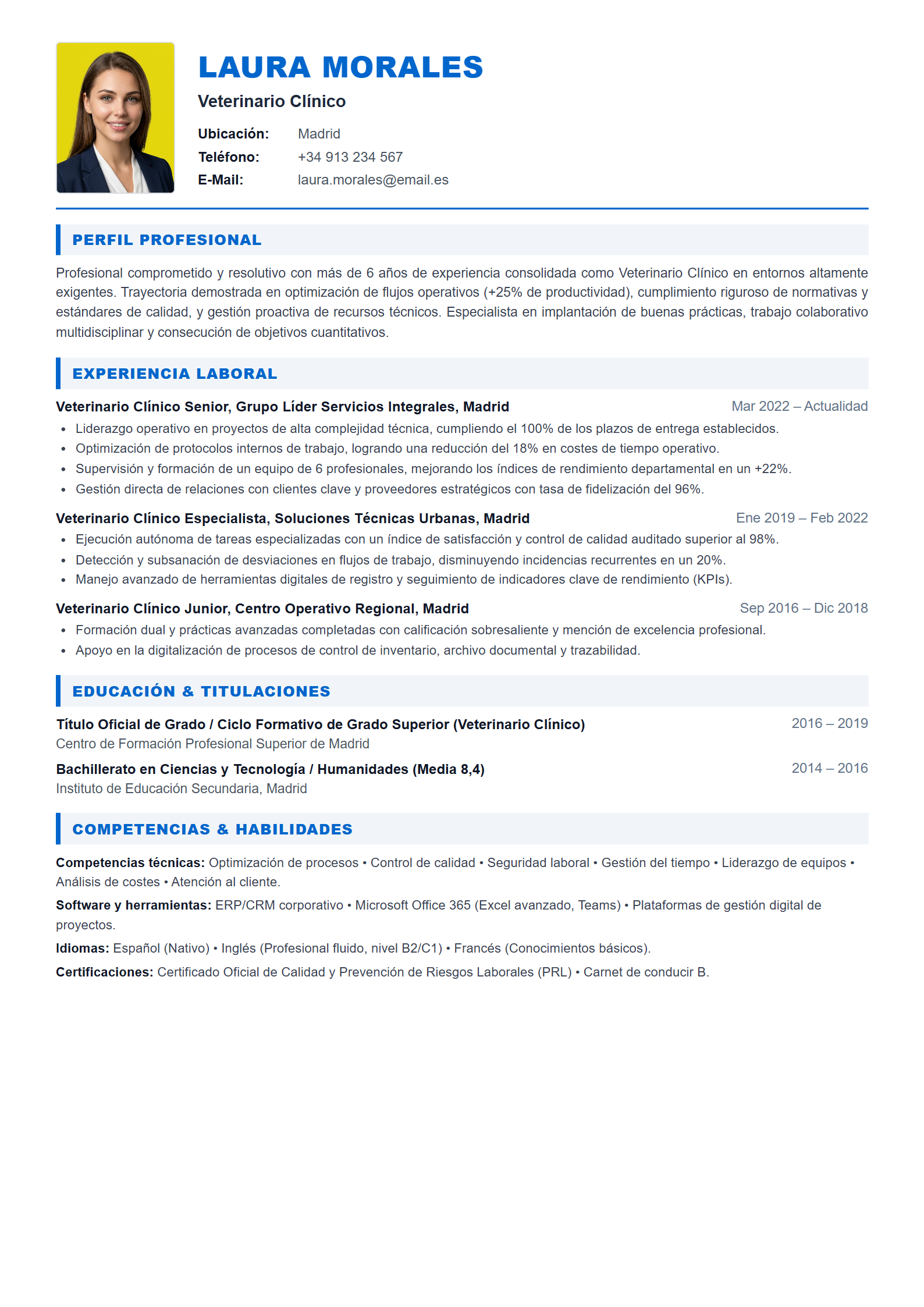 Ejemplo de CV Veterinario Clínico (Plantilla Profesional 303 - Formato A4)