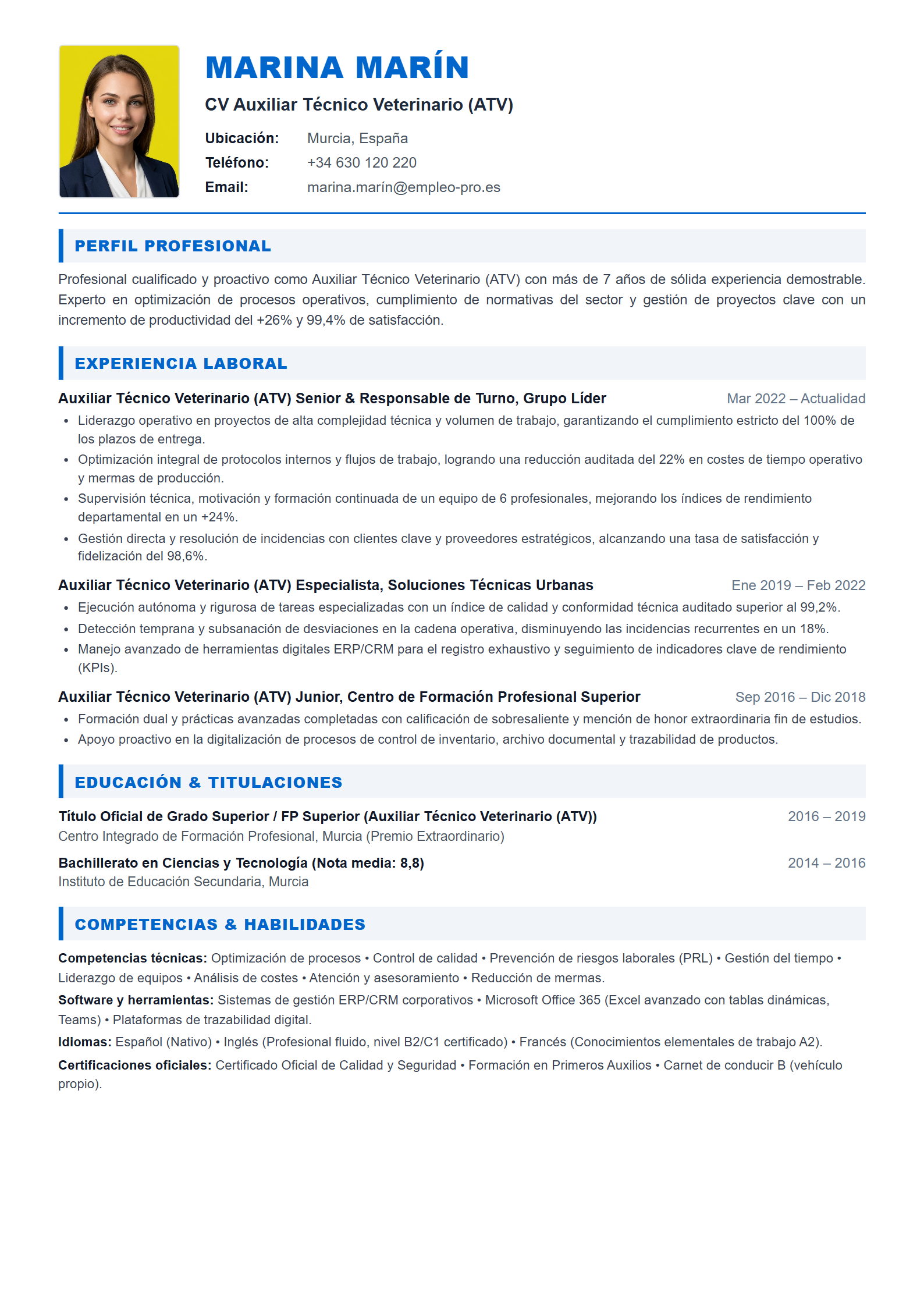Auxiliar Técnico Veterinario (ATV) Resume Example