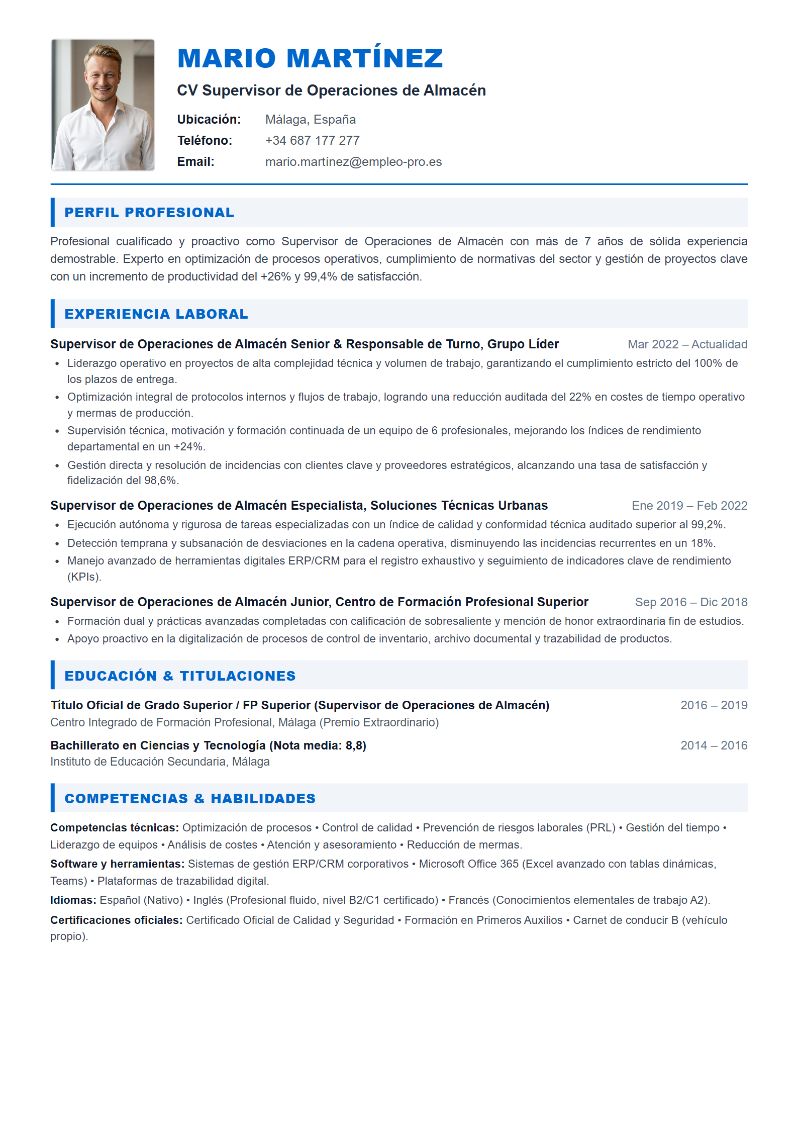 Supervisor de Operaciones de Almacén Resume Example