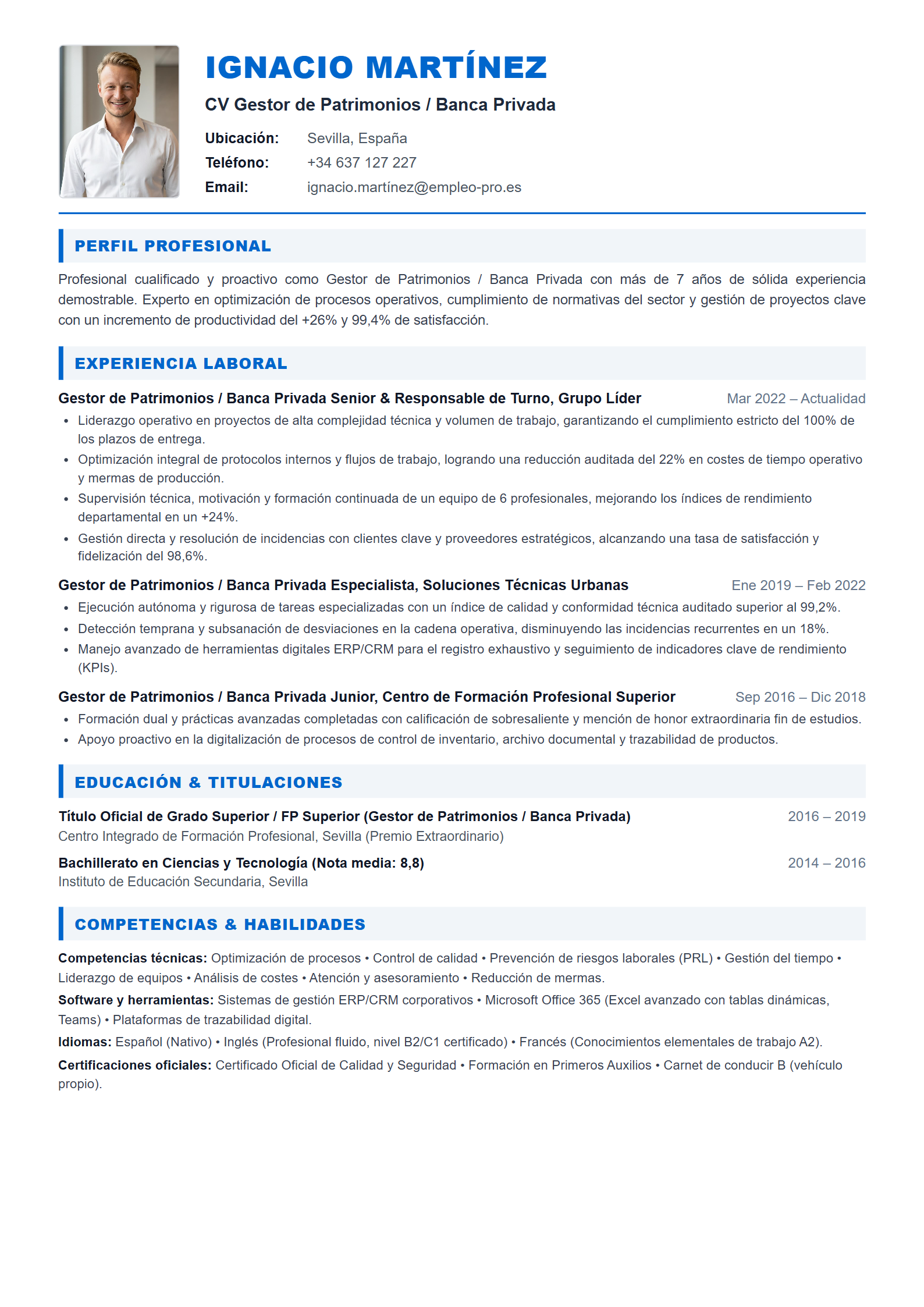 Gestor de Patrimonios / Banca Privada Resume Example
