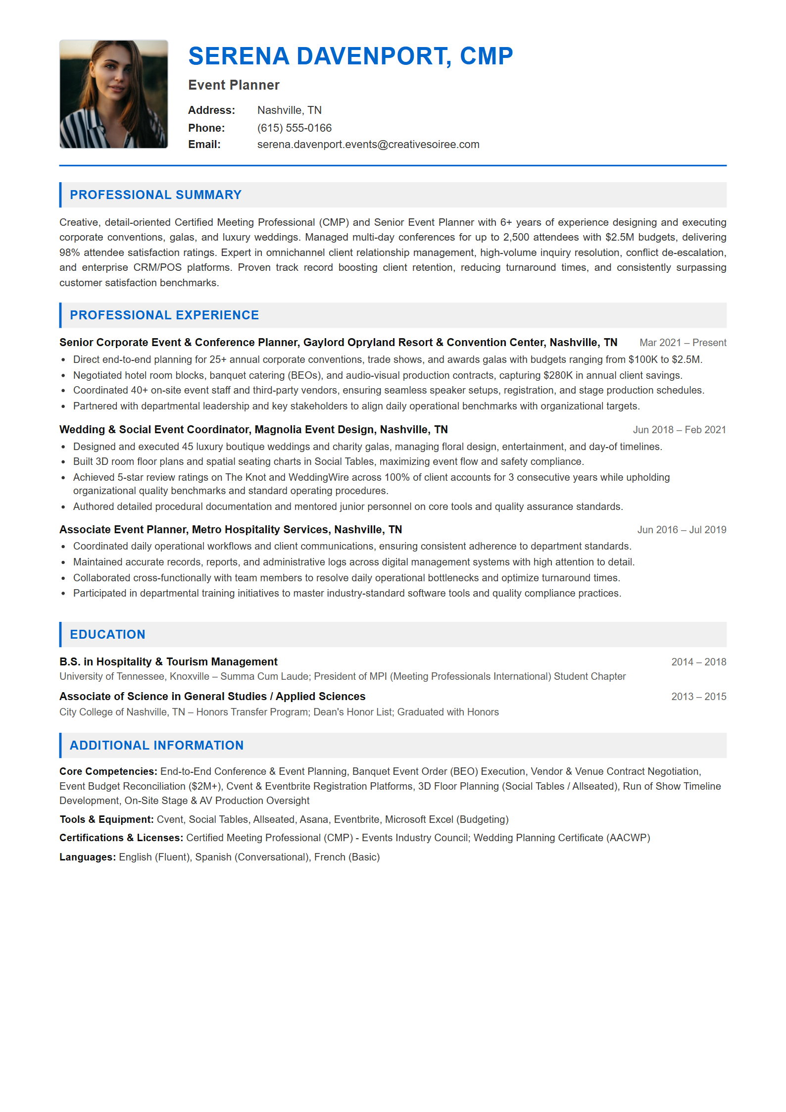 Event Planner Resume Example (Template 107 - Executive Single-Page Format)