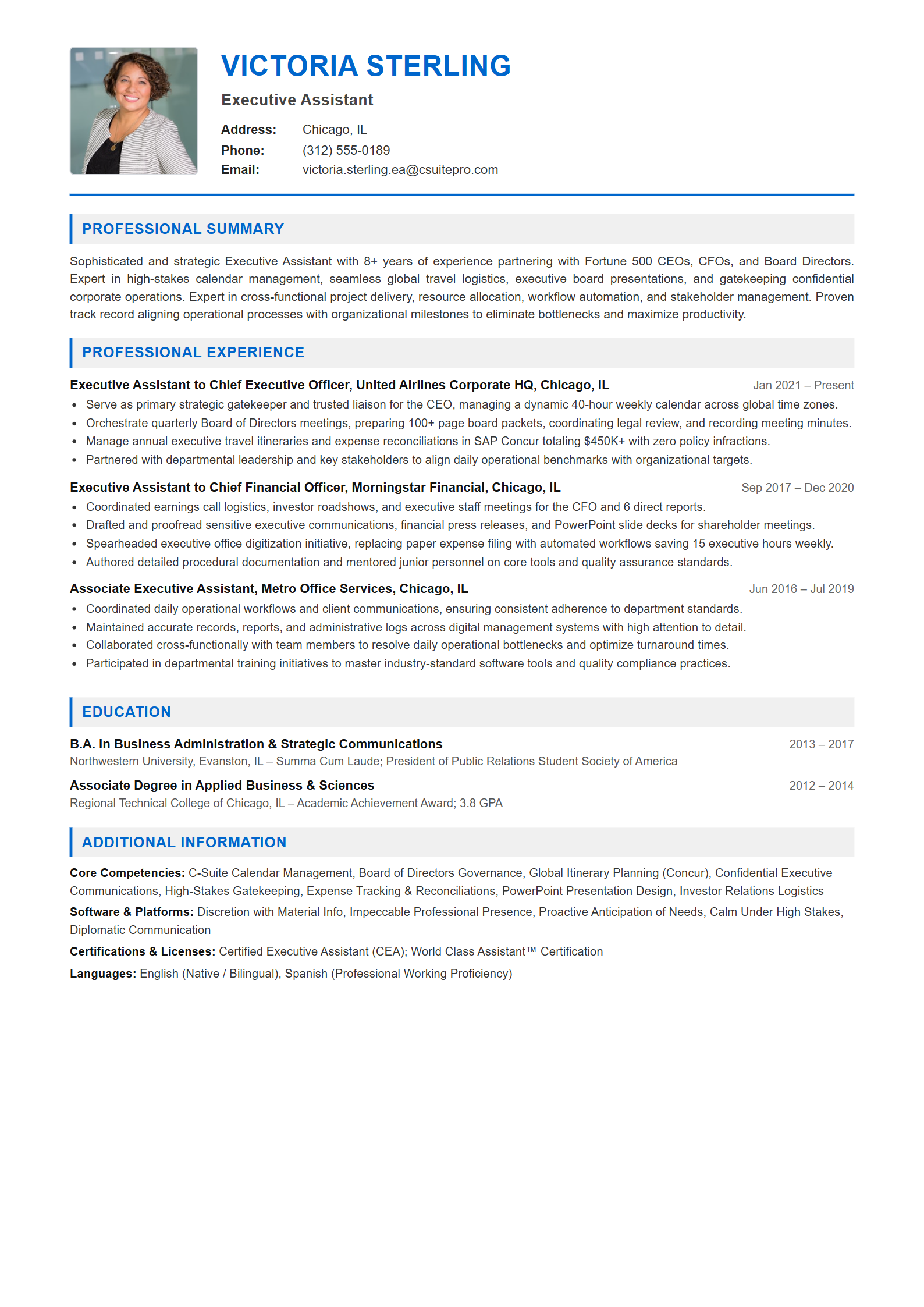 Executive Assistant Resume Example (Template 107 - Executive Single-Page Format)