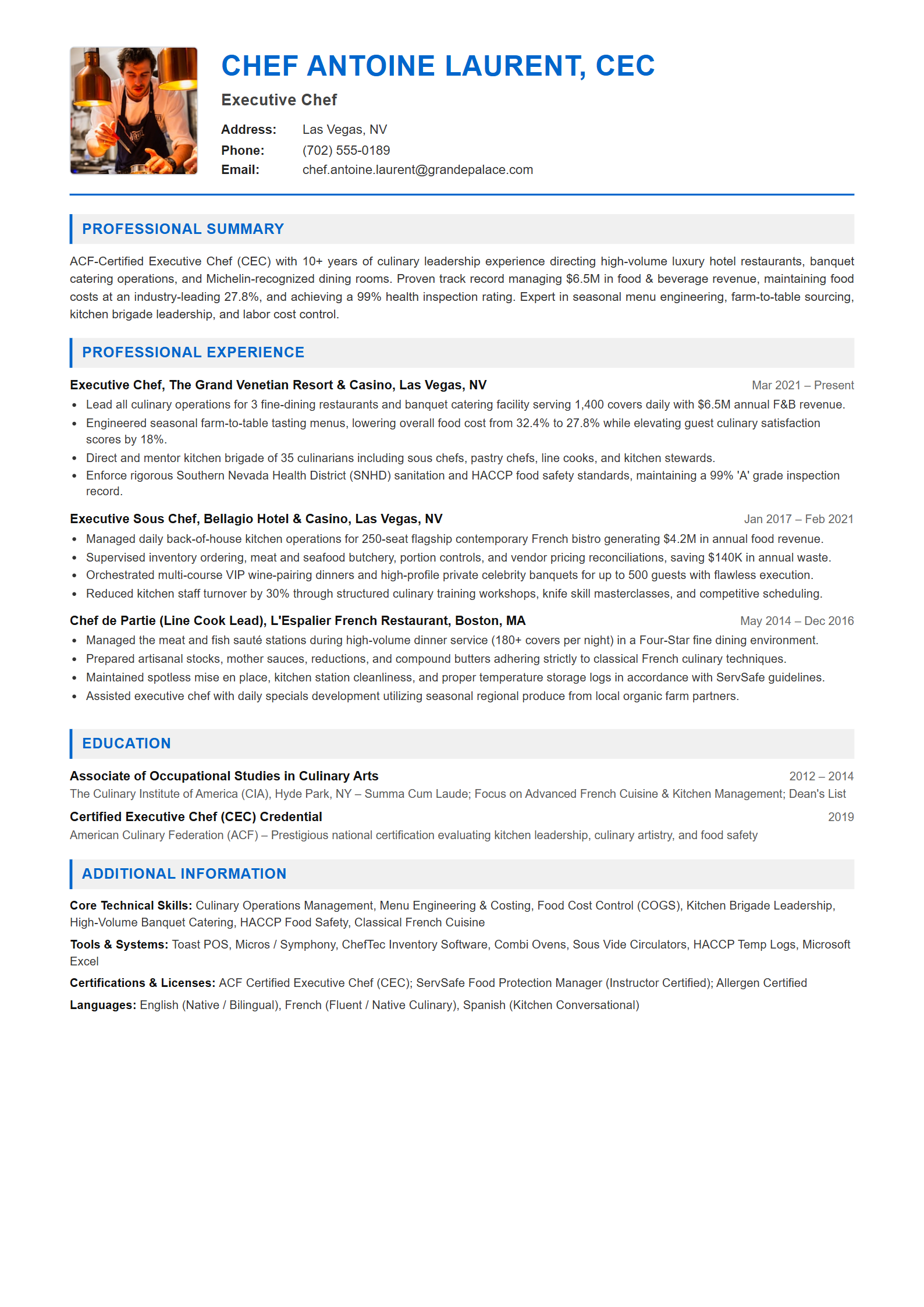 Executive Chef Resume Example (Template 107 - Executive Single-Page Format)