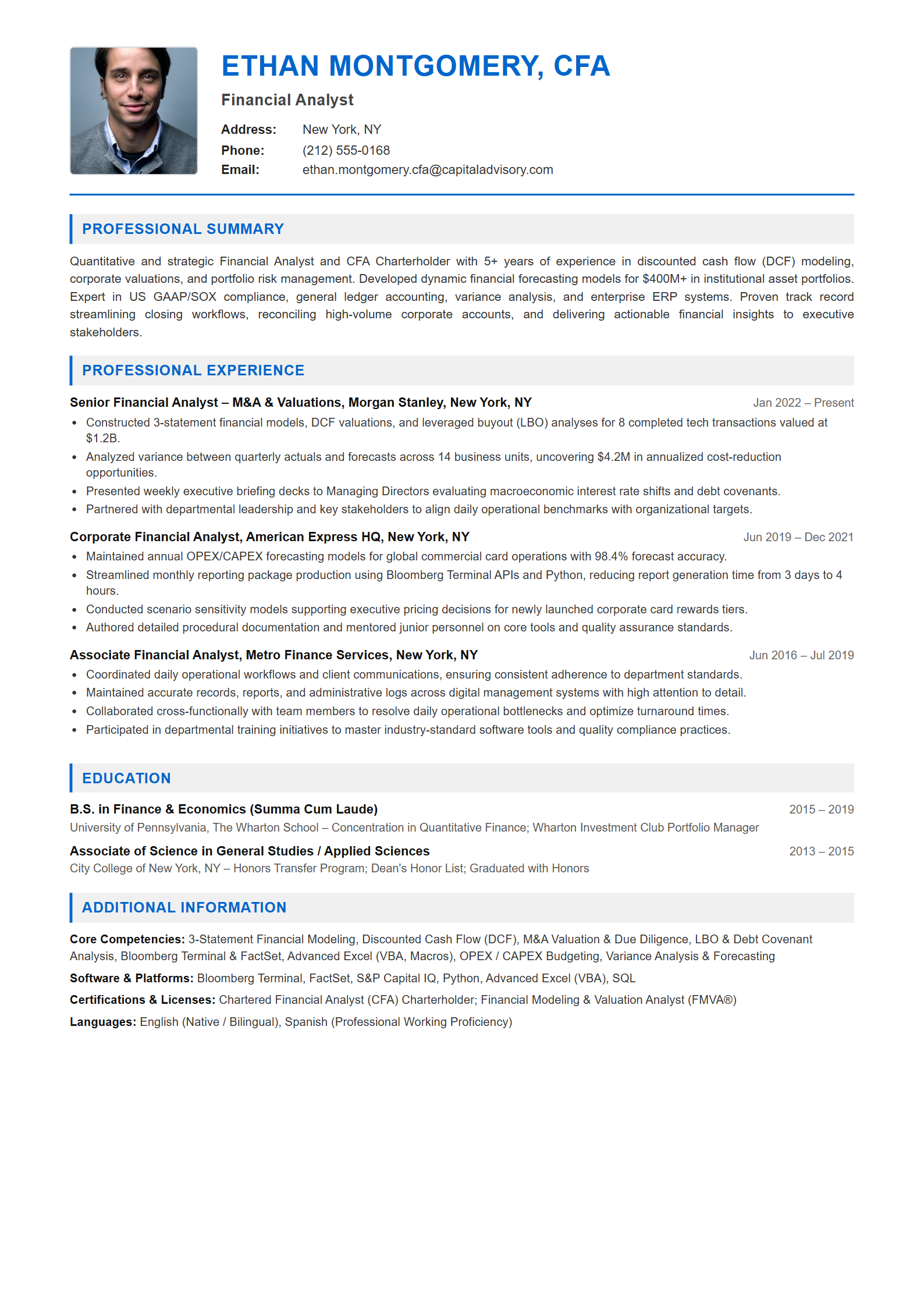 Financial Analyst Resume Example (Template 107 - Executive Single-Page Format)