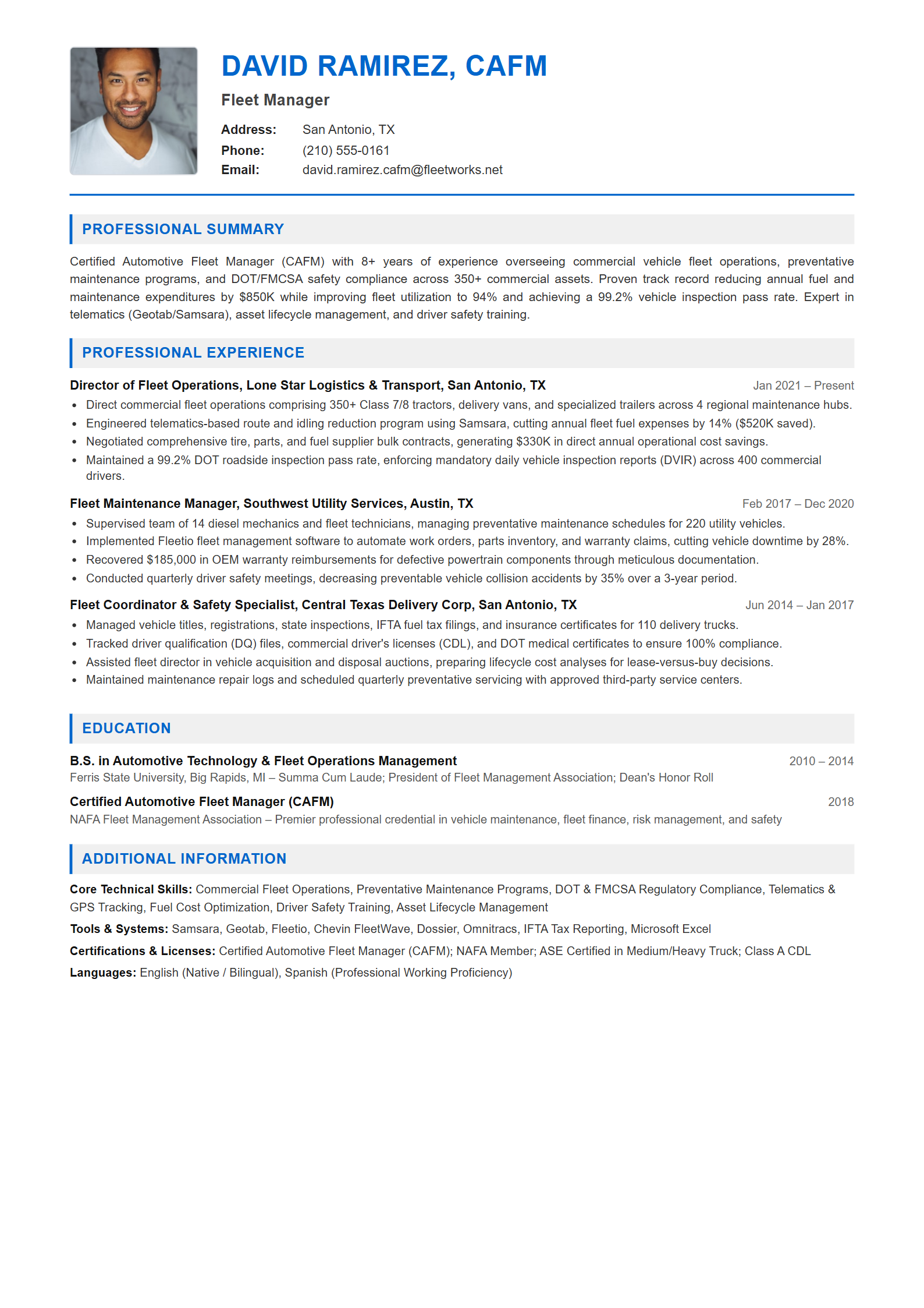 Fleet Manager Resume Example (Template 107 - Executive Single-Page Format)