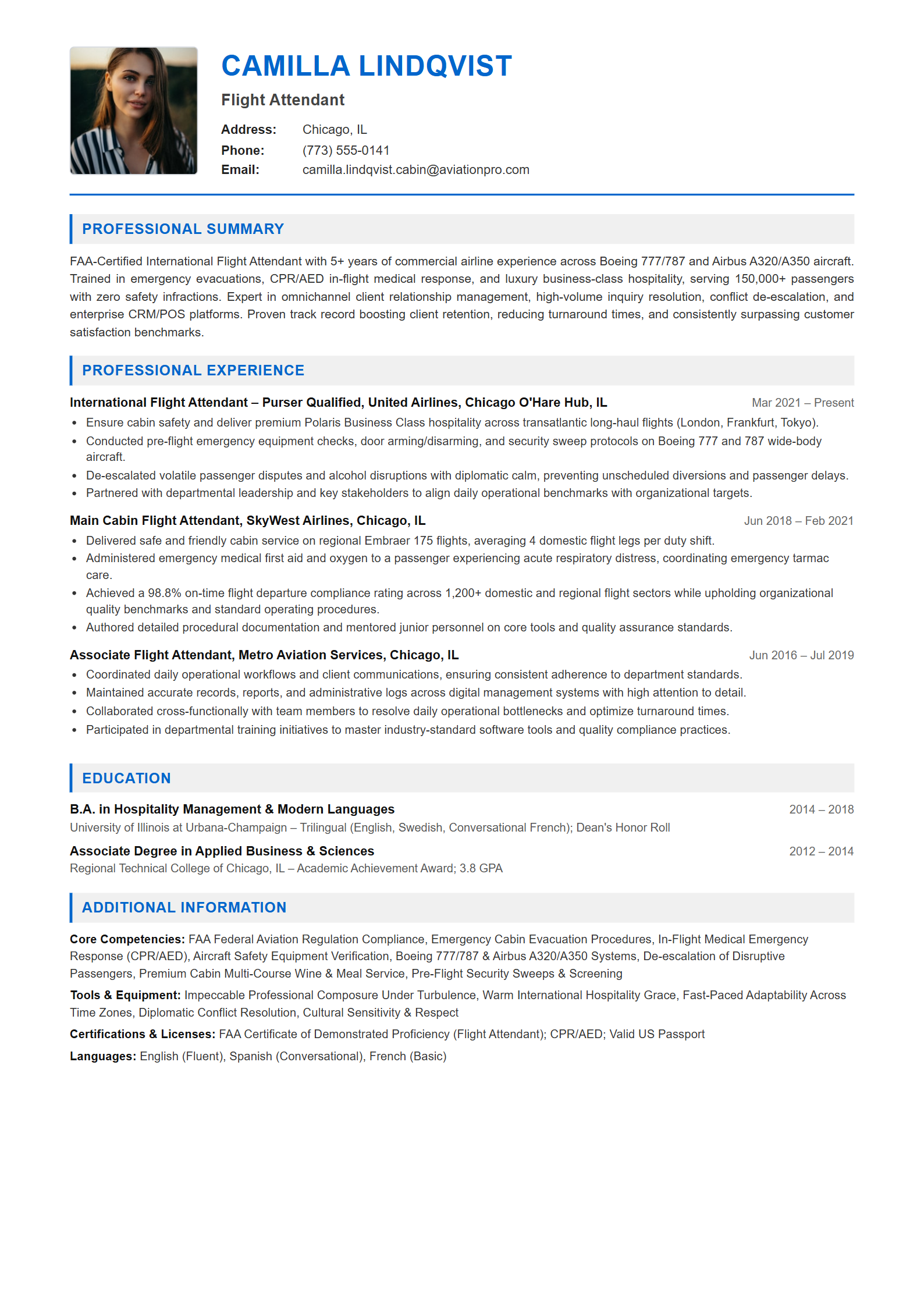 Flight Attendant Resume Example (Template 107 - Executive Single-Page Format)