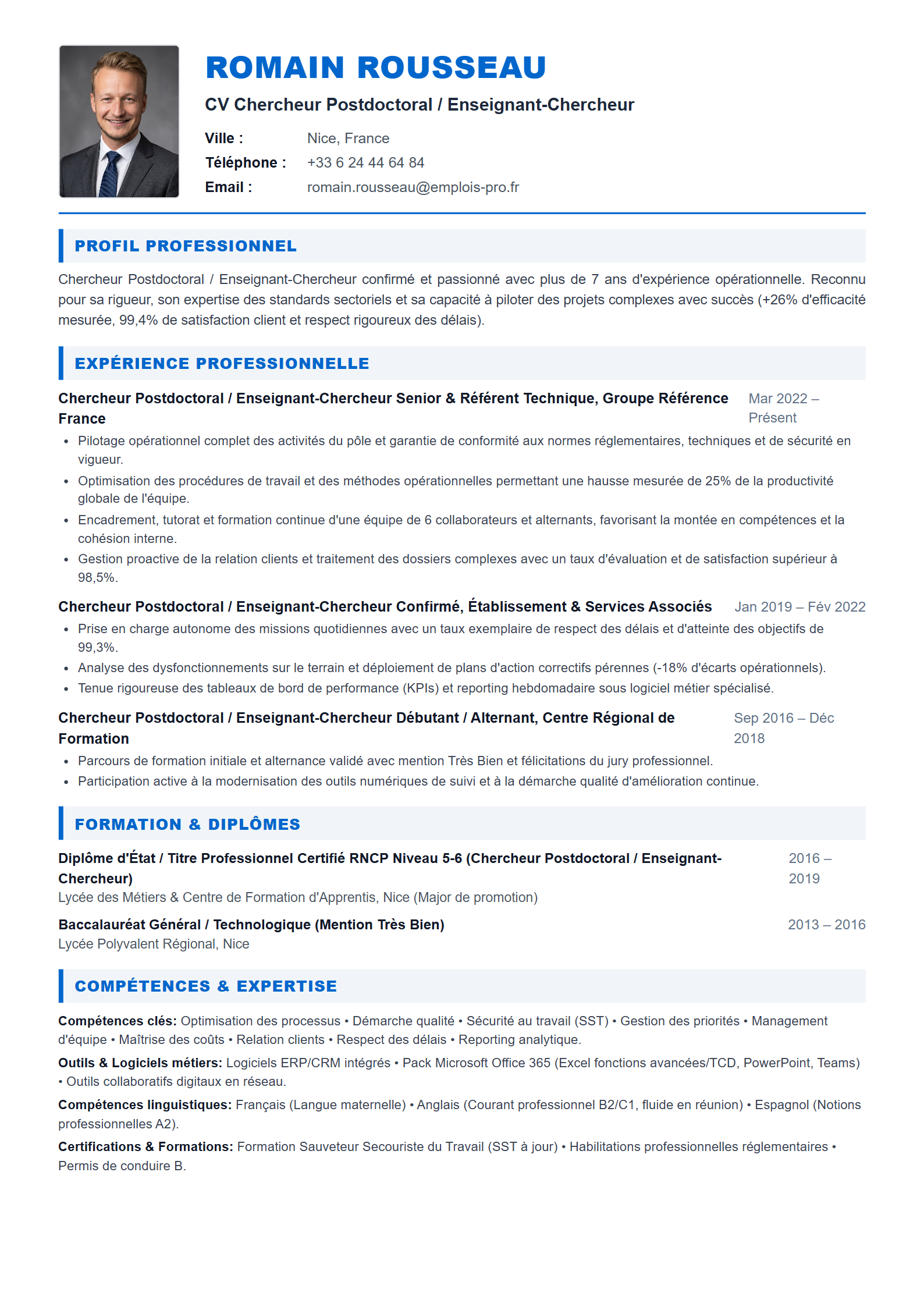 Chercheur Postdoctoral / Enseignant-Chercheur Resume Example