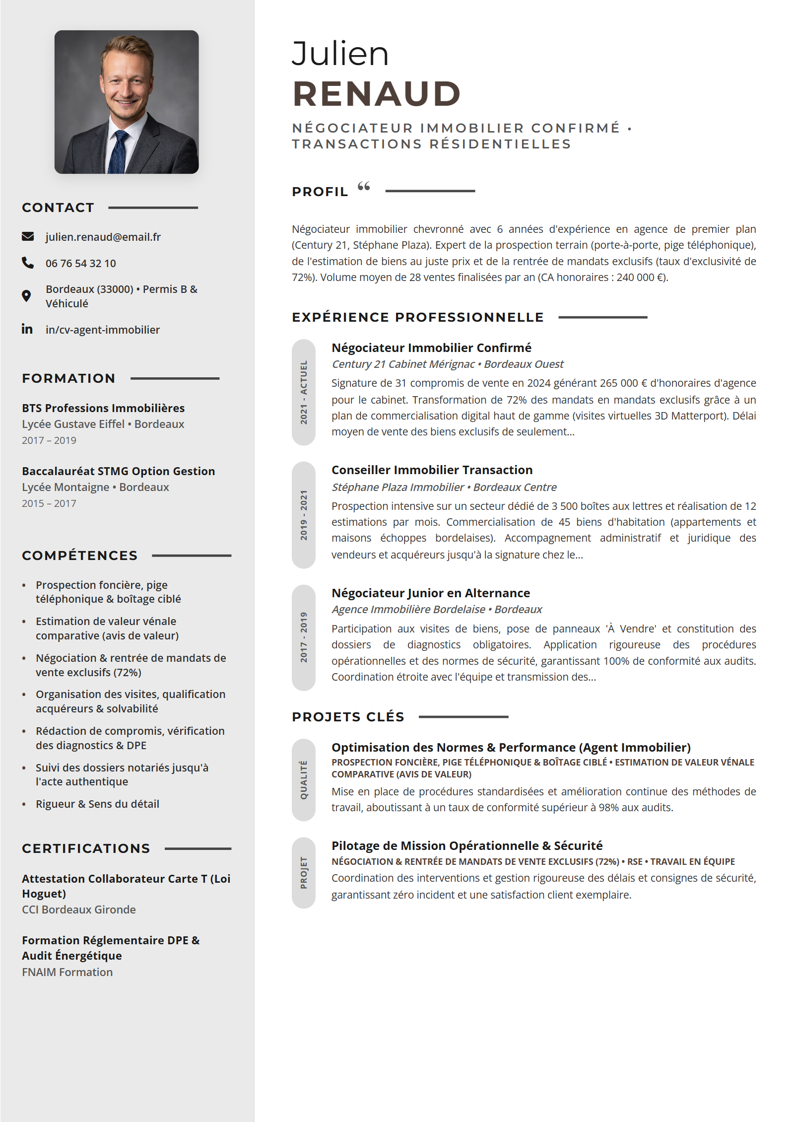 Exemple de CV Agent Immobilier (Modèle Professionnel - Format A4)
