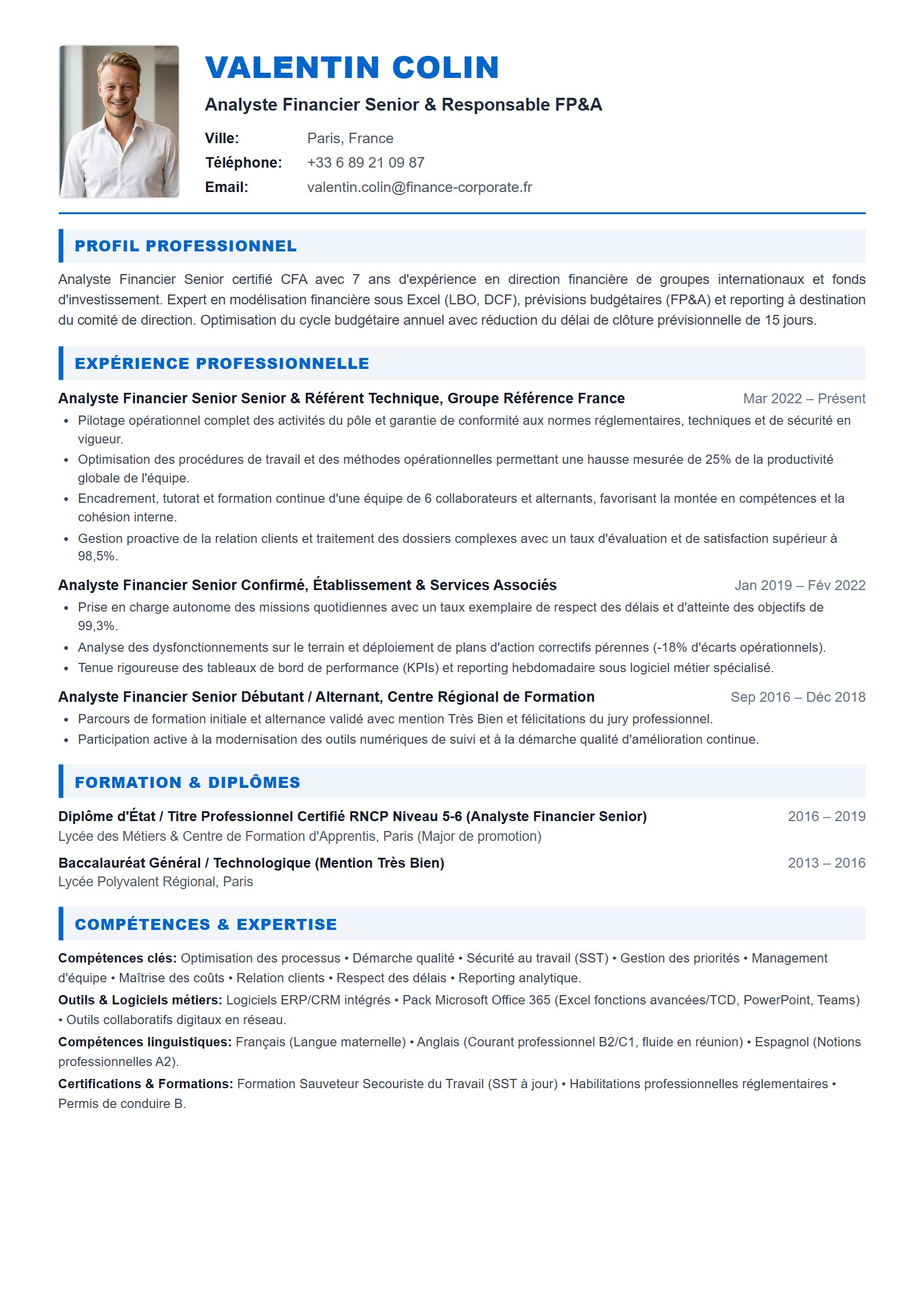 Modèle de CV Analyste Financier Senior