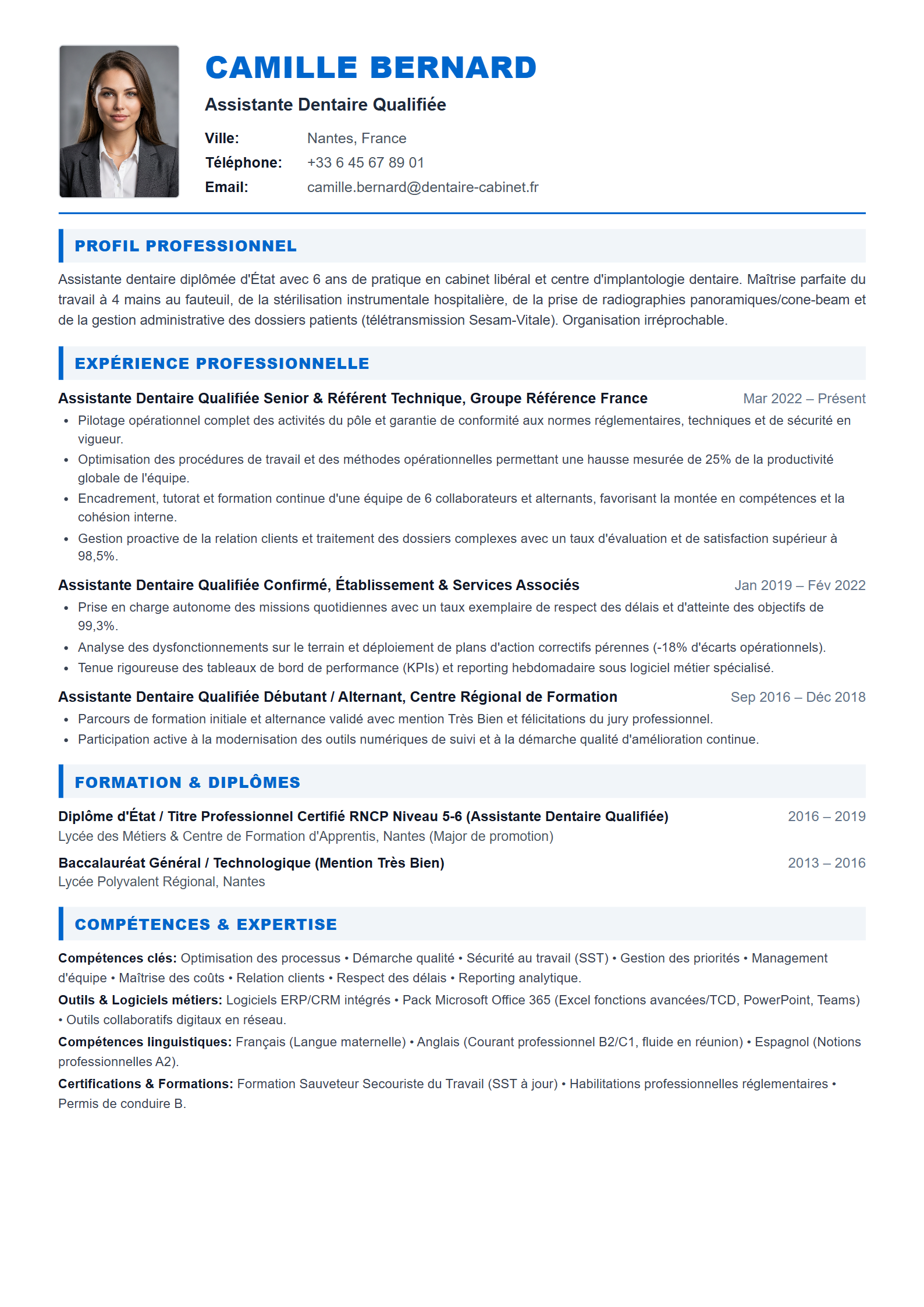 Modèle de CV Assistante Dentaire Qualifiée