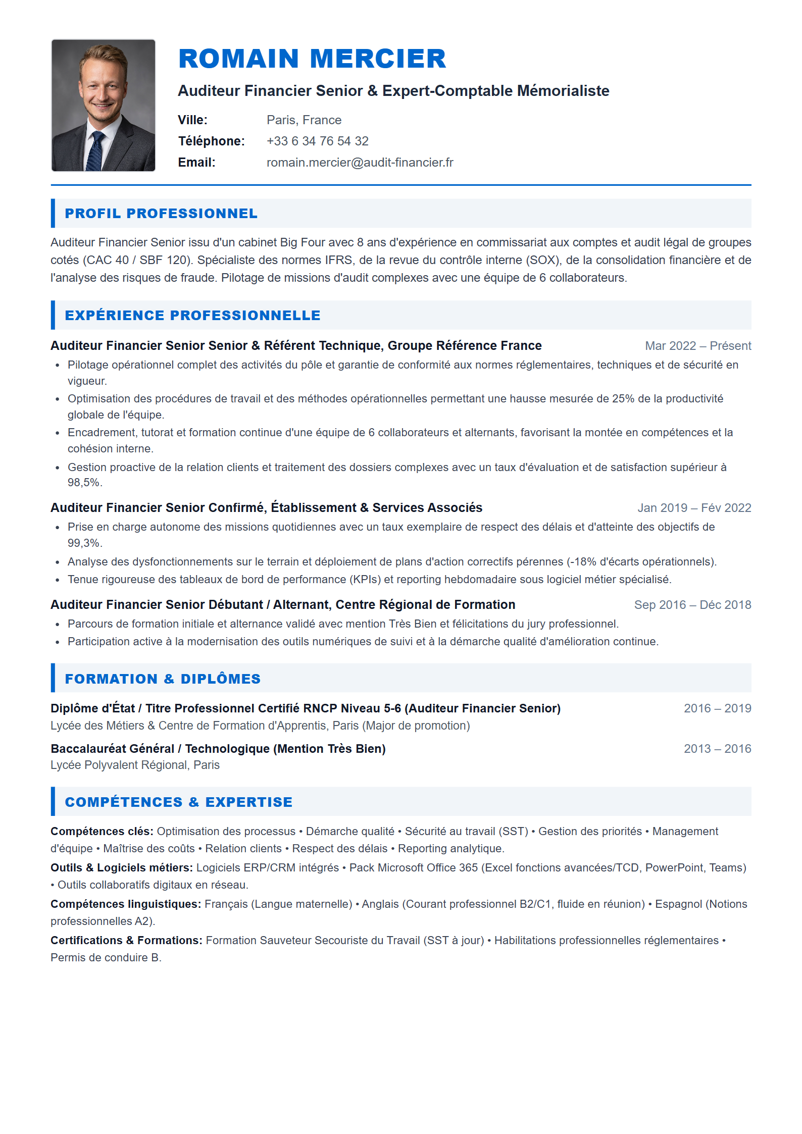 Modèle de CV Auditeur Financier Senior