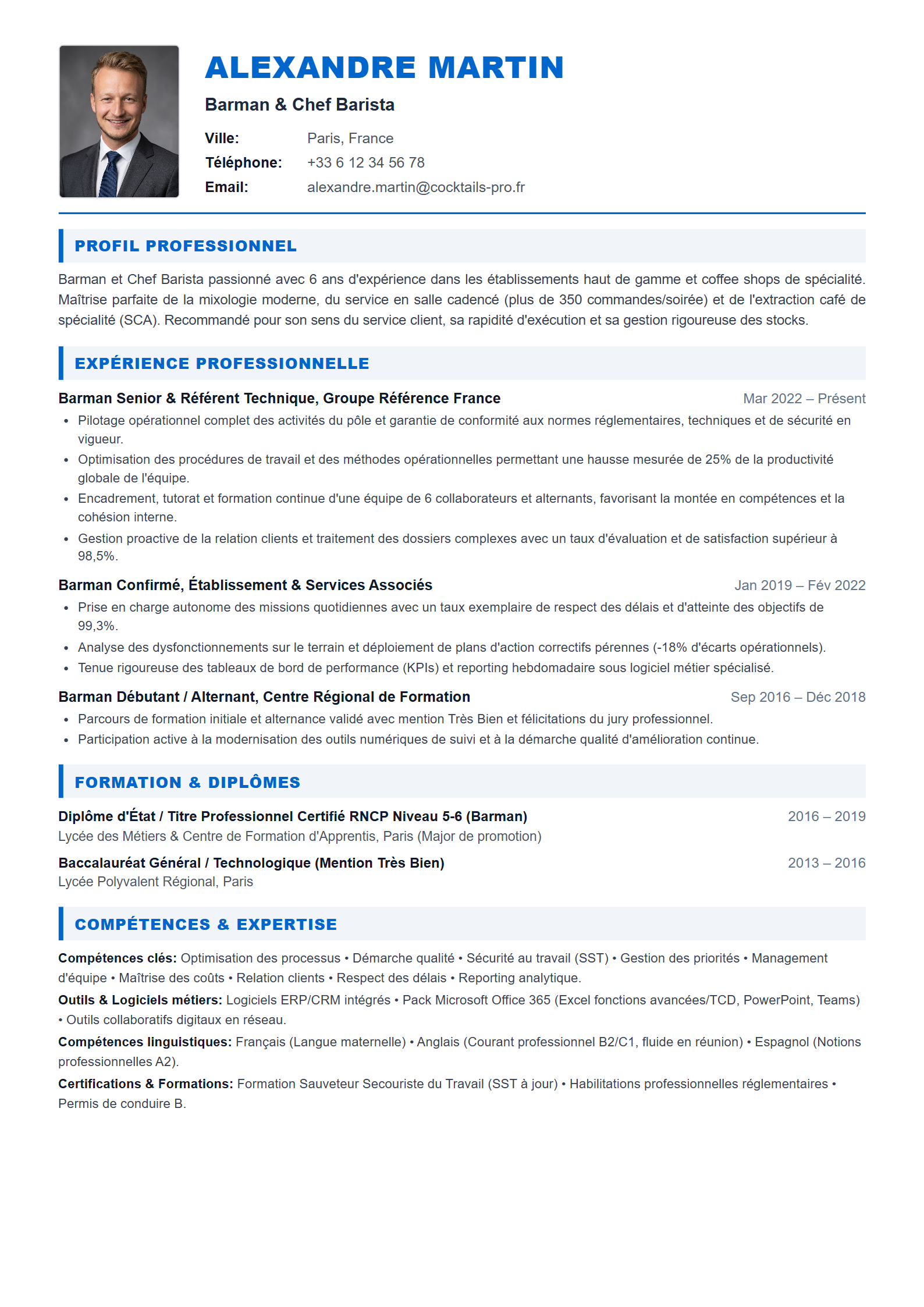 Modèle de CV Barman