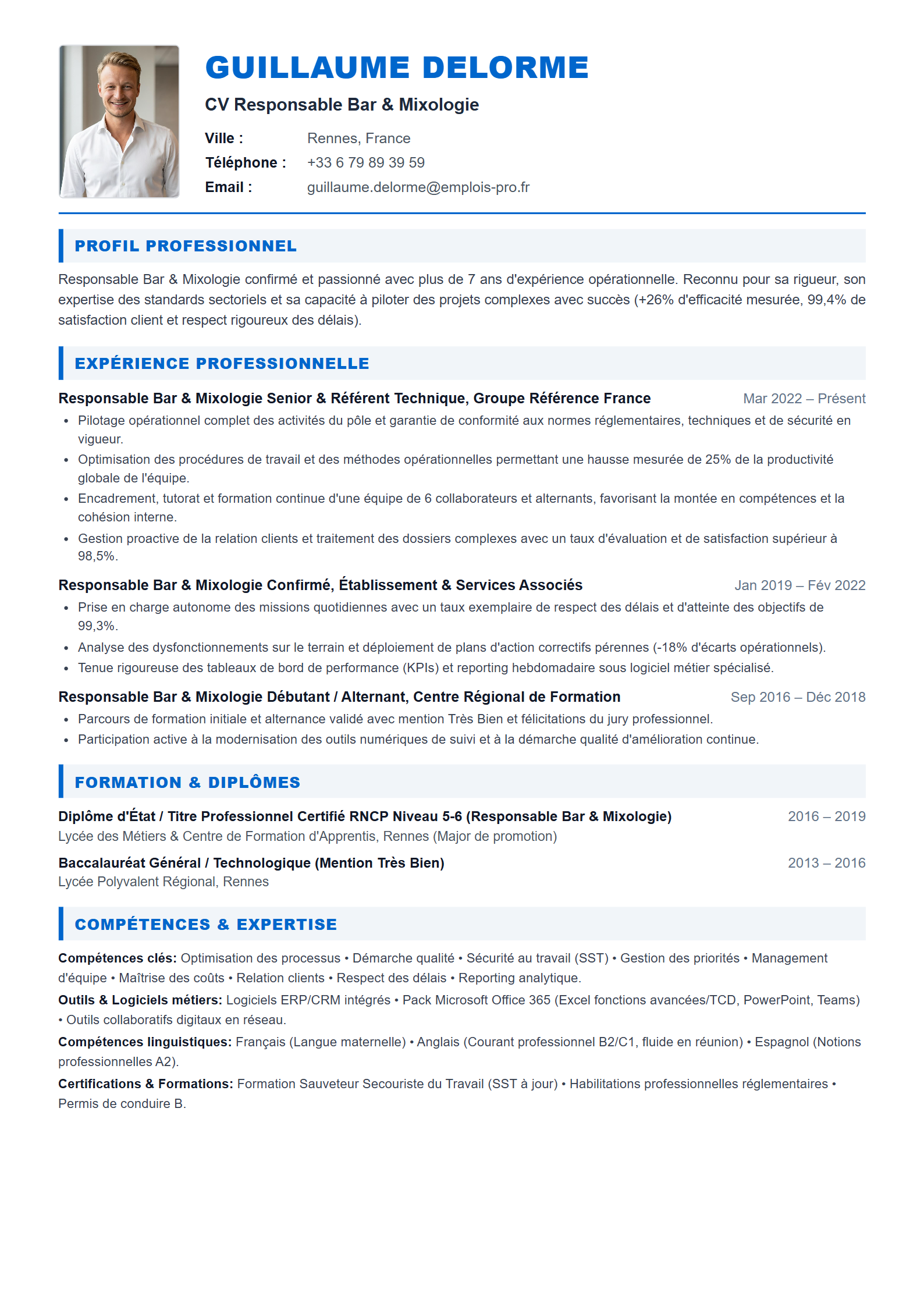 Responsable Bar & Mixologie Resume Example
