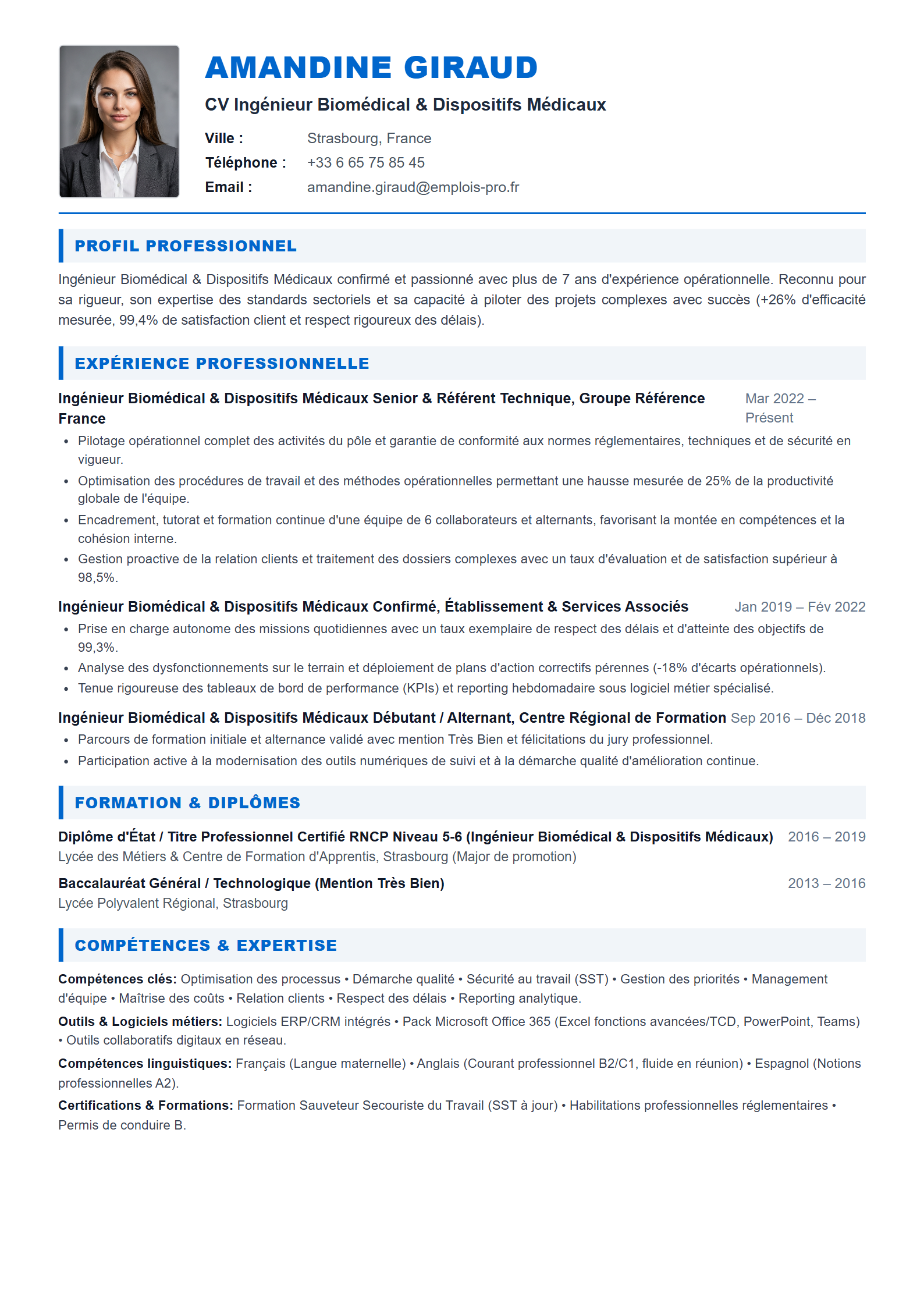 Ingénieur Biomédical & Dispositifs Médicaux Resume Example