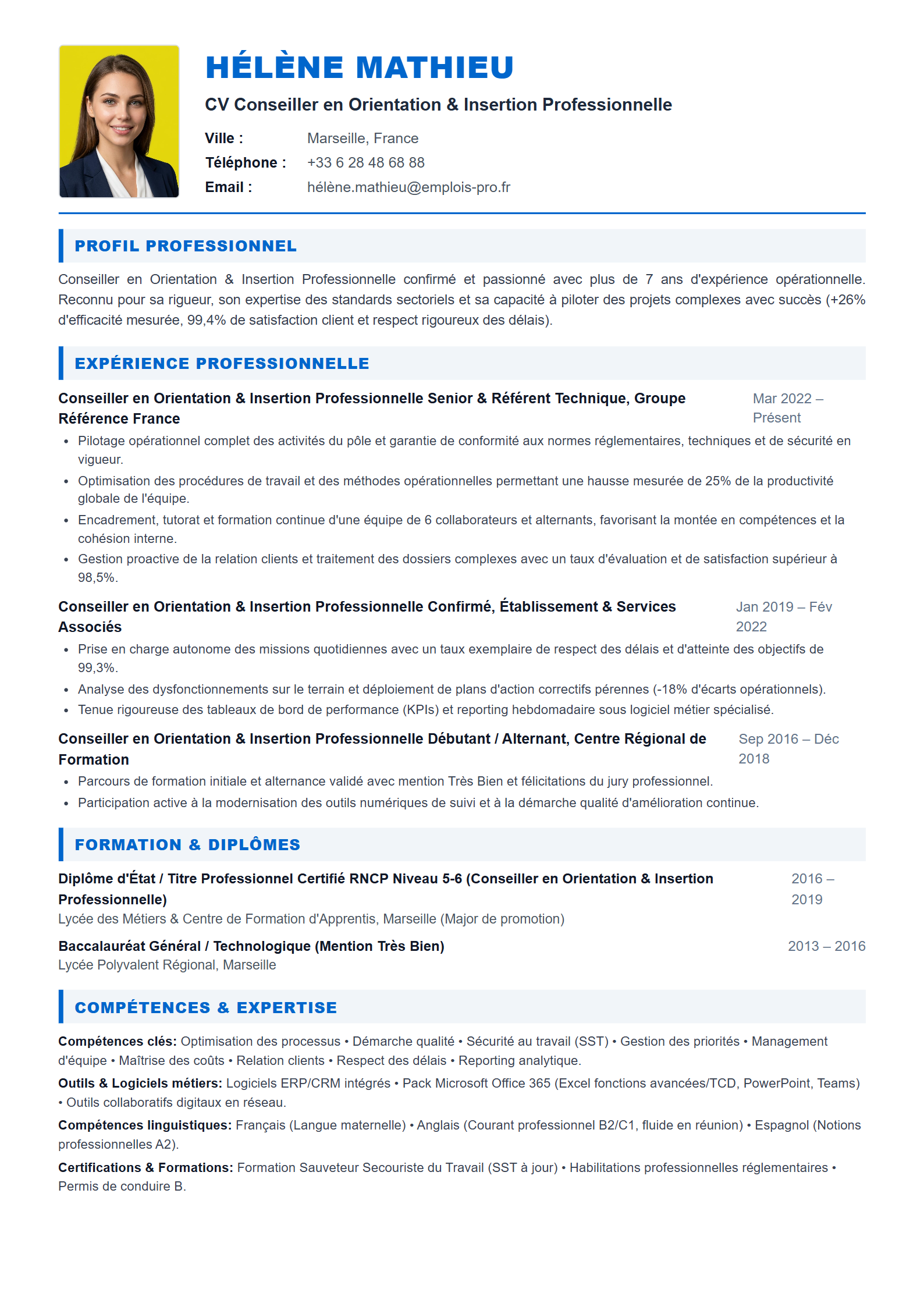 Conseiller en Orientation & Insertion Professionnelle Resume Example