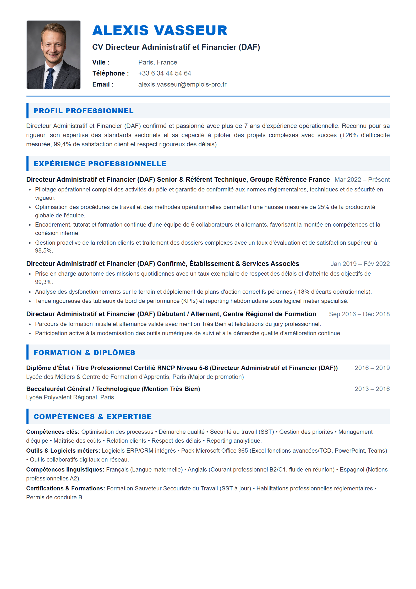 Directeur Administratif et Financier (DAF) Resume Example