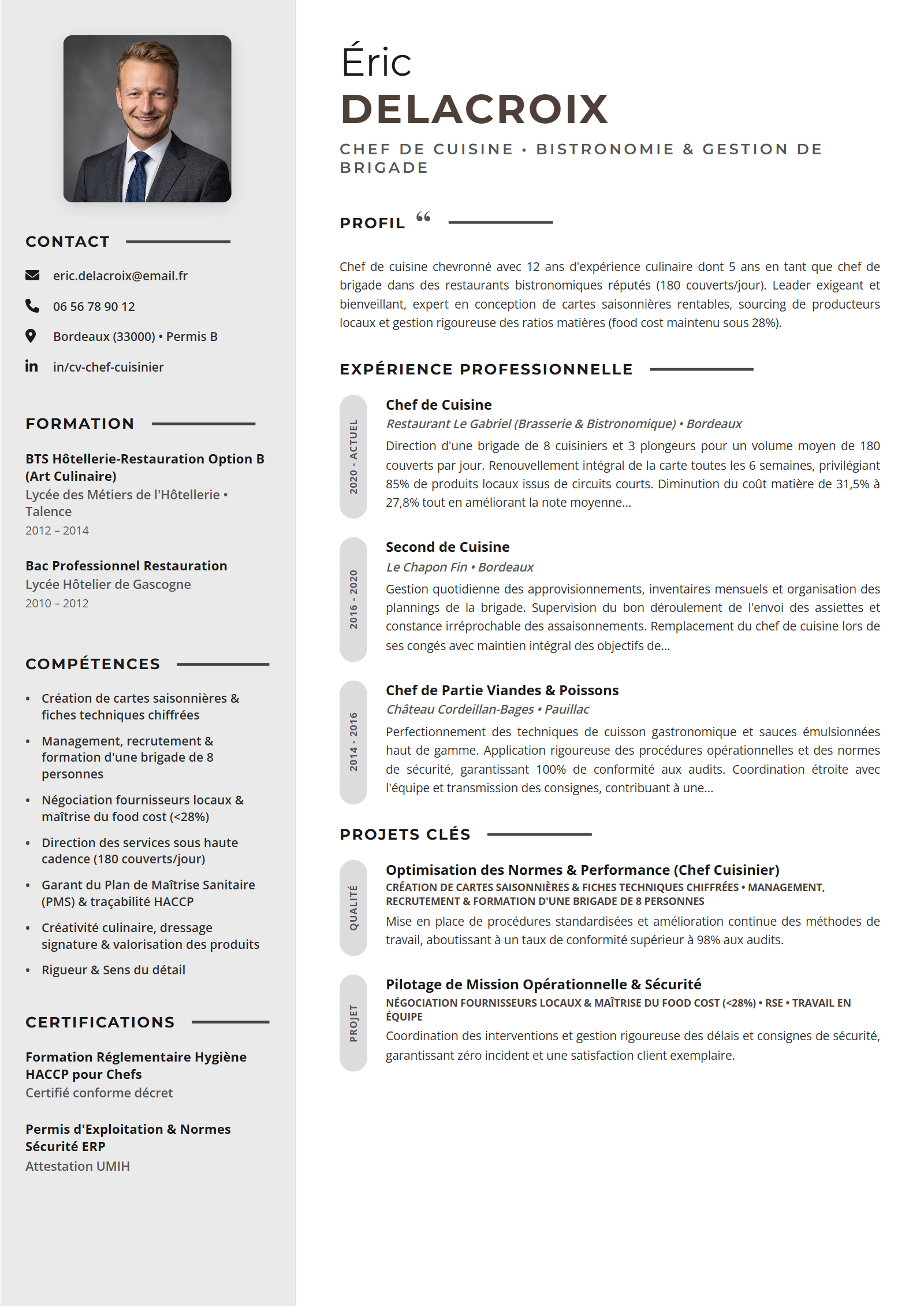 Exemple de CV Chef Cuisinier (Modèle Professionnel - Format A4)