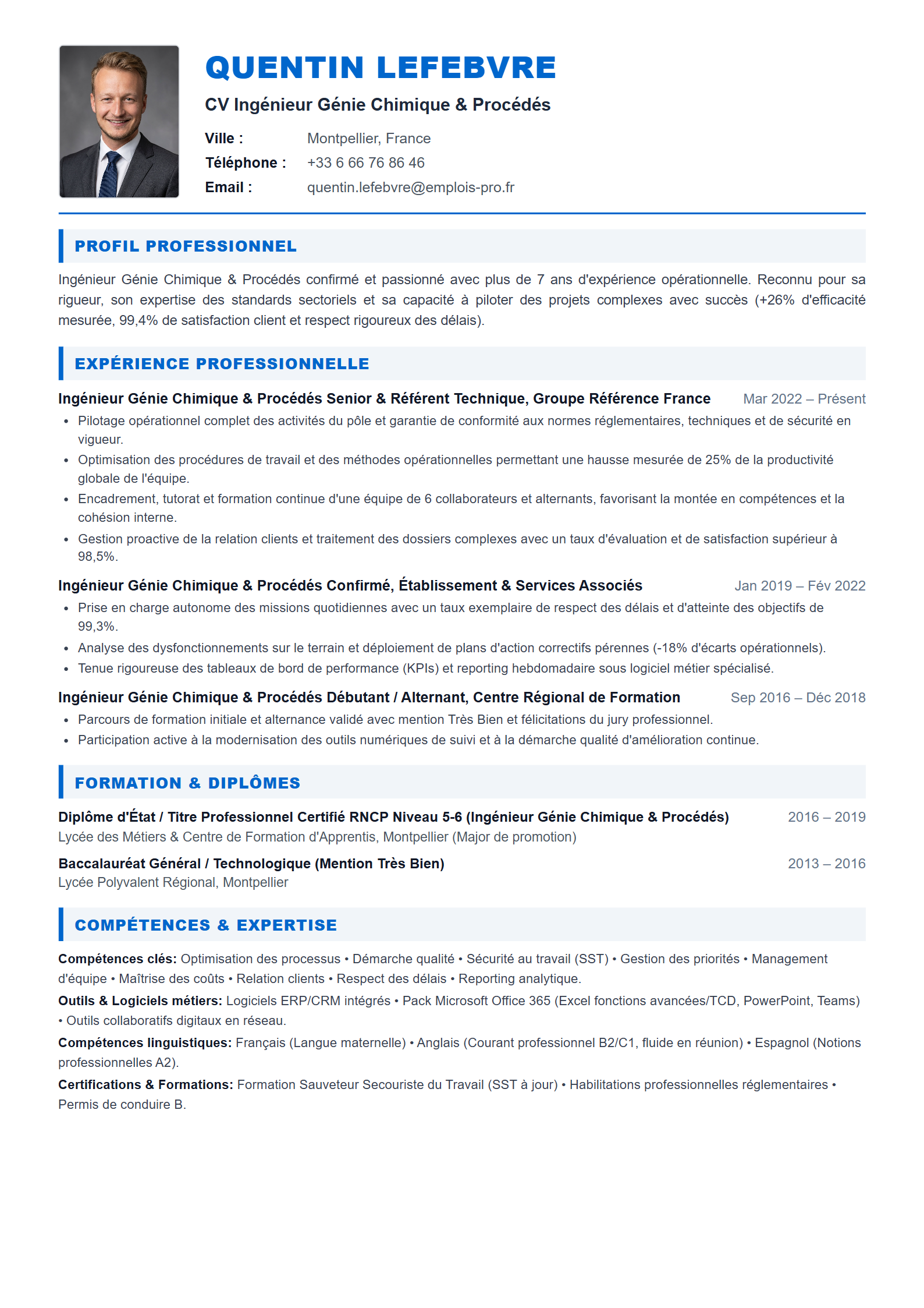 Ingénieur Génie Chimique & Procédés Resume Example
