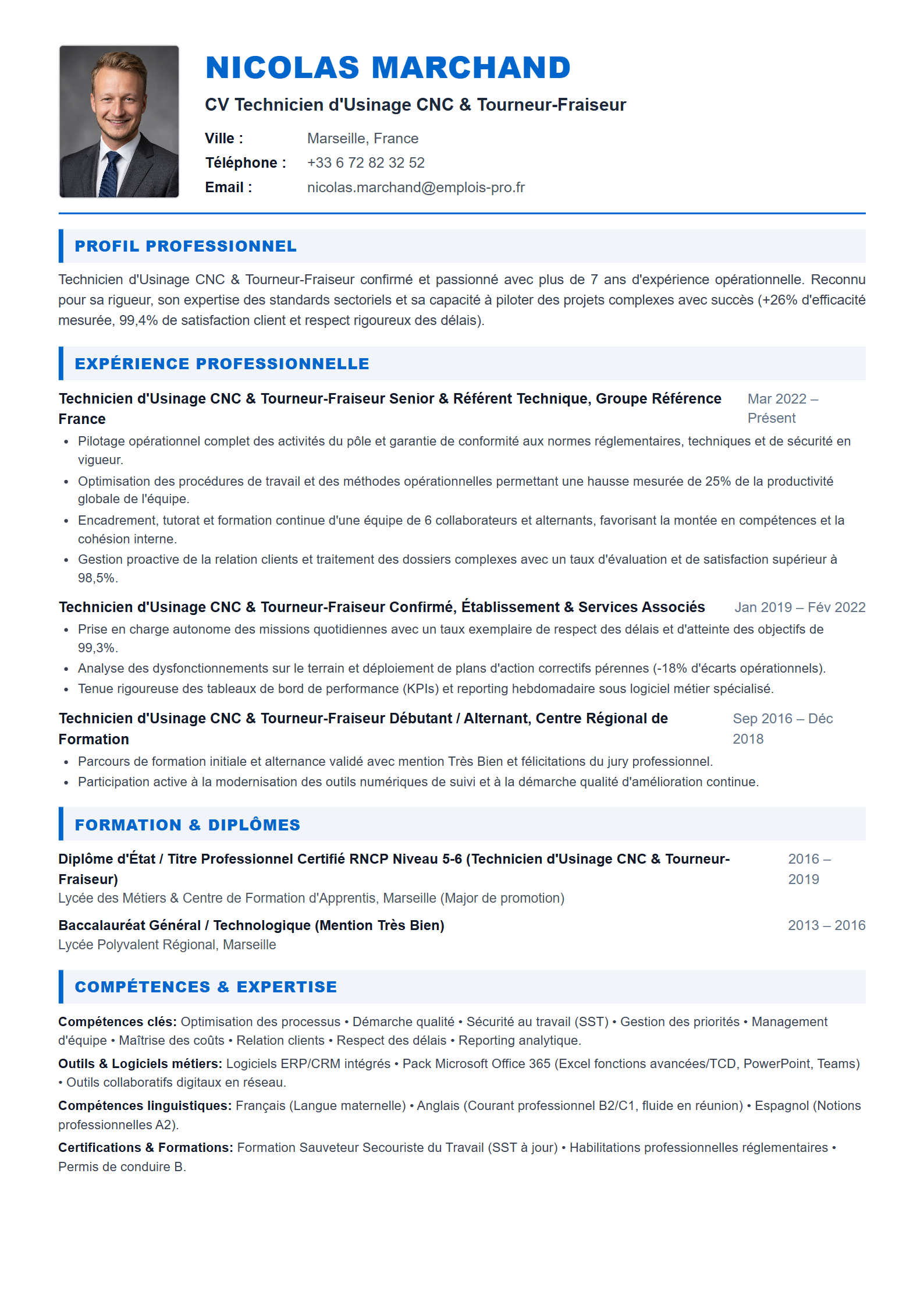 Technicien d'Usinage CNC & Tourneur-Fraiseur Resume Example
