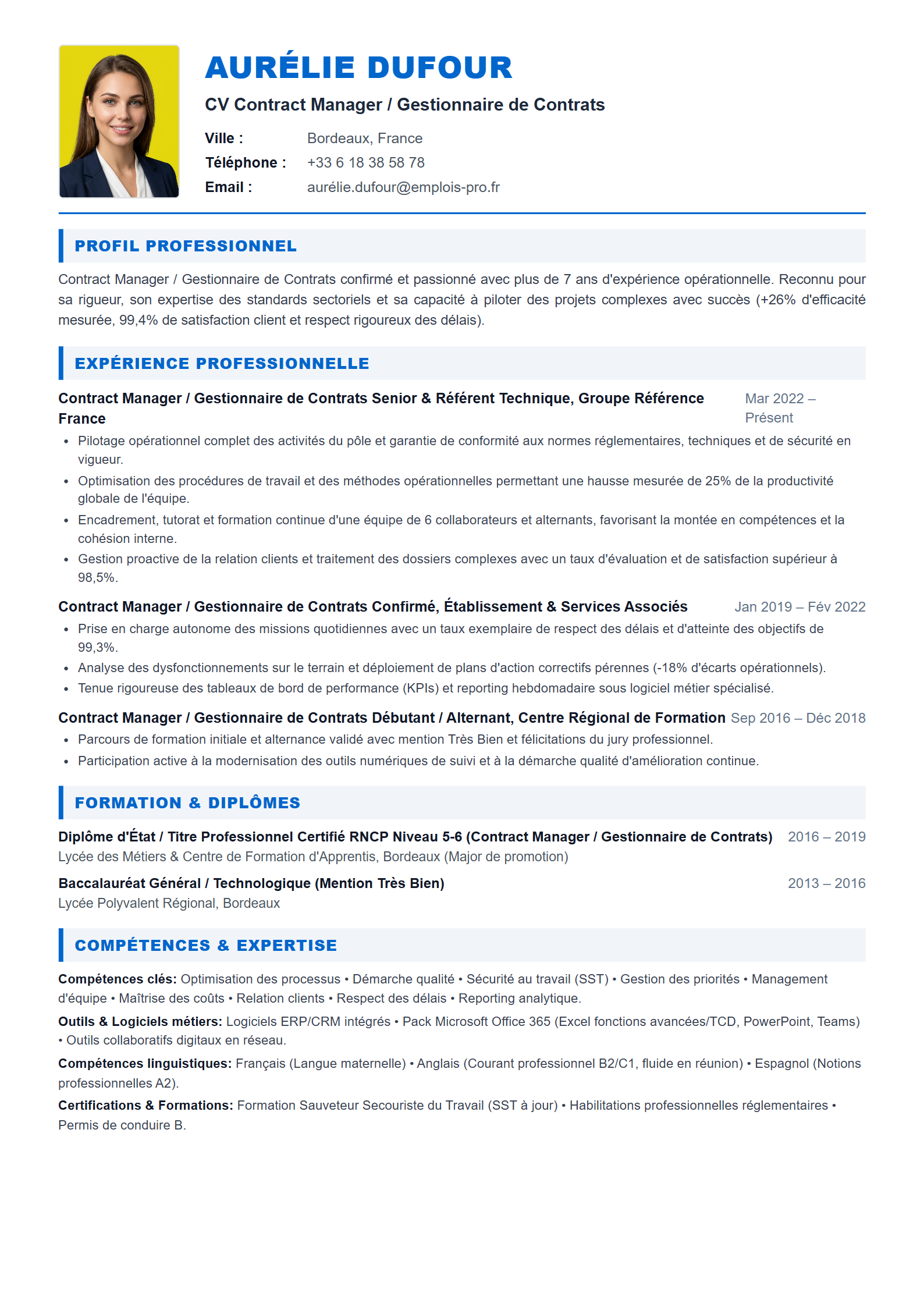 Contract Manager / Gestionnaire de Contrats Resume Example