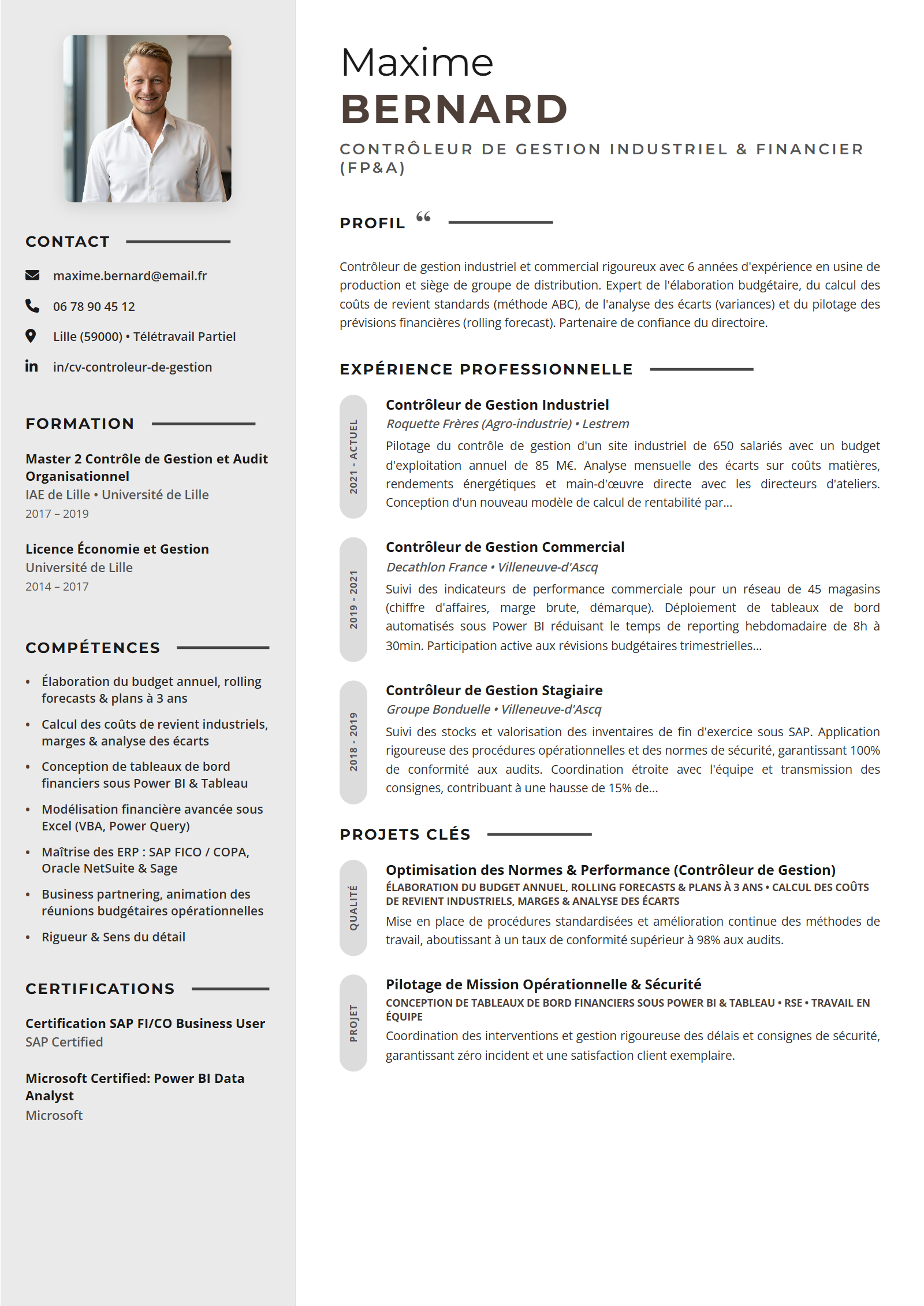Exemple de CV Contrôleur de Gestion (Modèle Professionnel - Format A4)