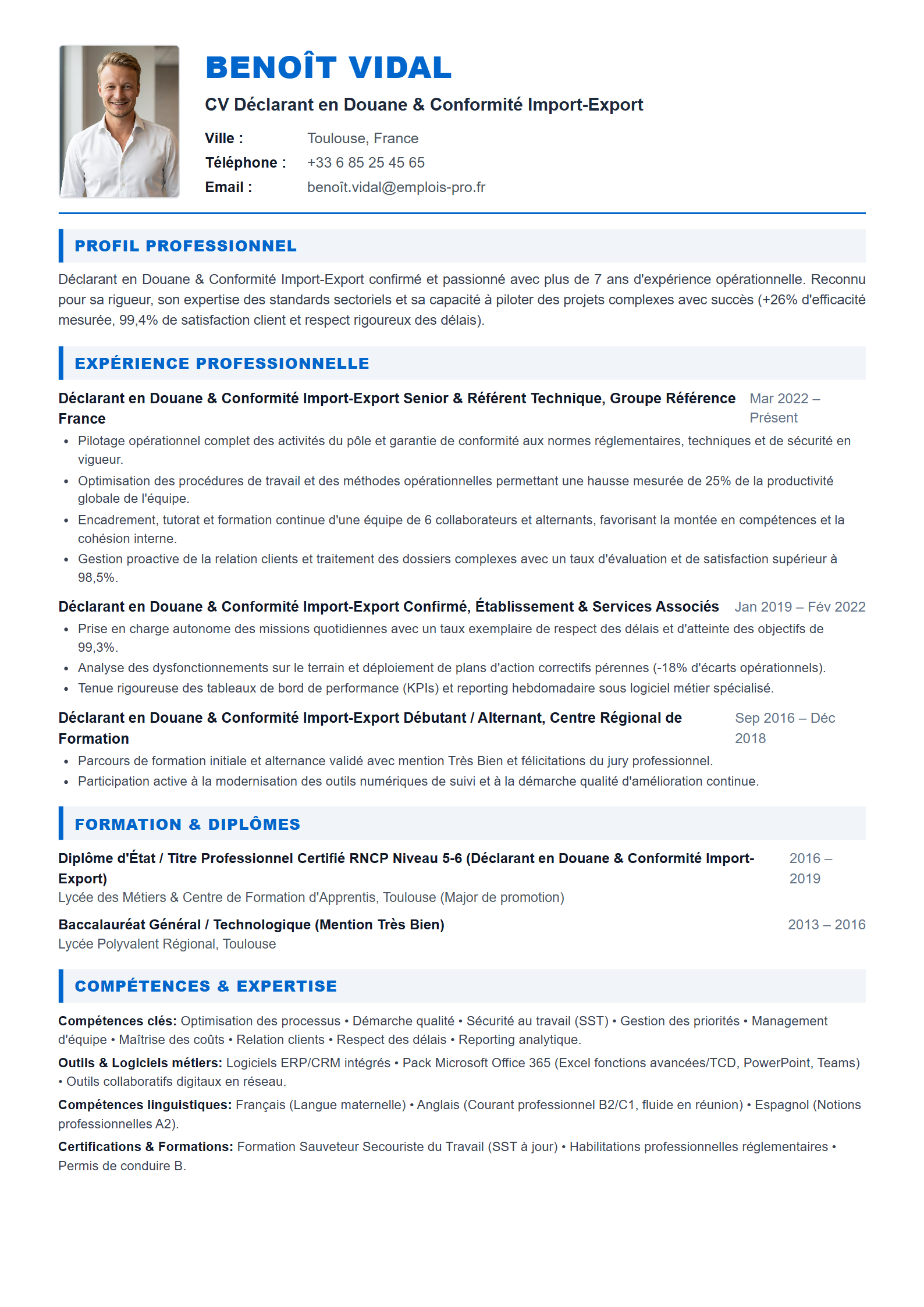 Déclarant en Douane & Conformité Import-Export Resume Example