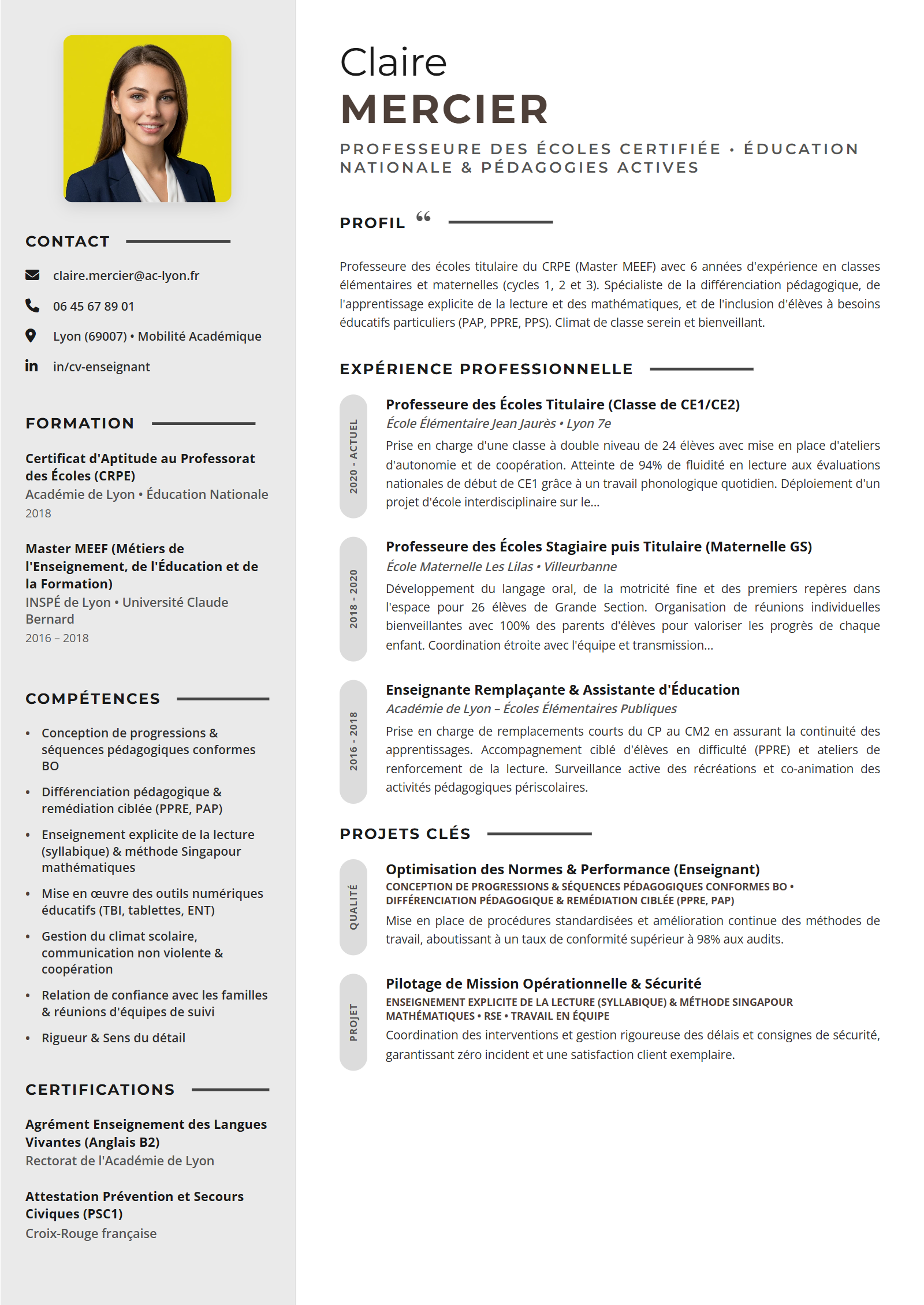 Exemple de CV Enseignant (Modèle Professionnel - Format A4)