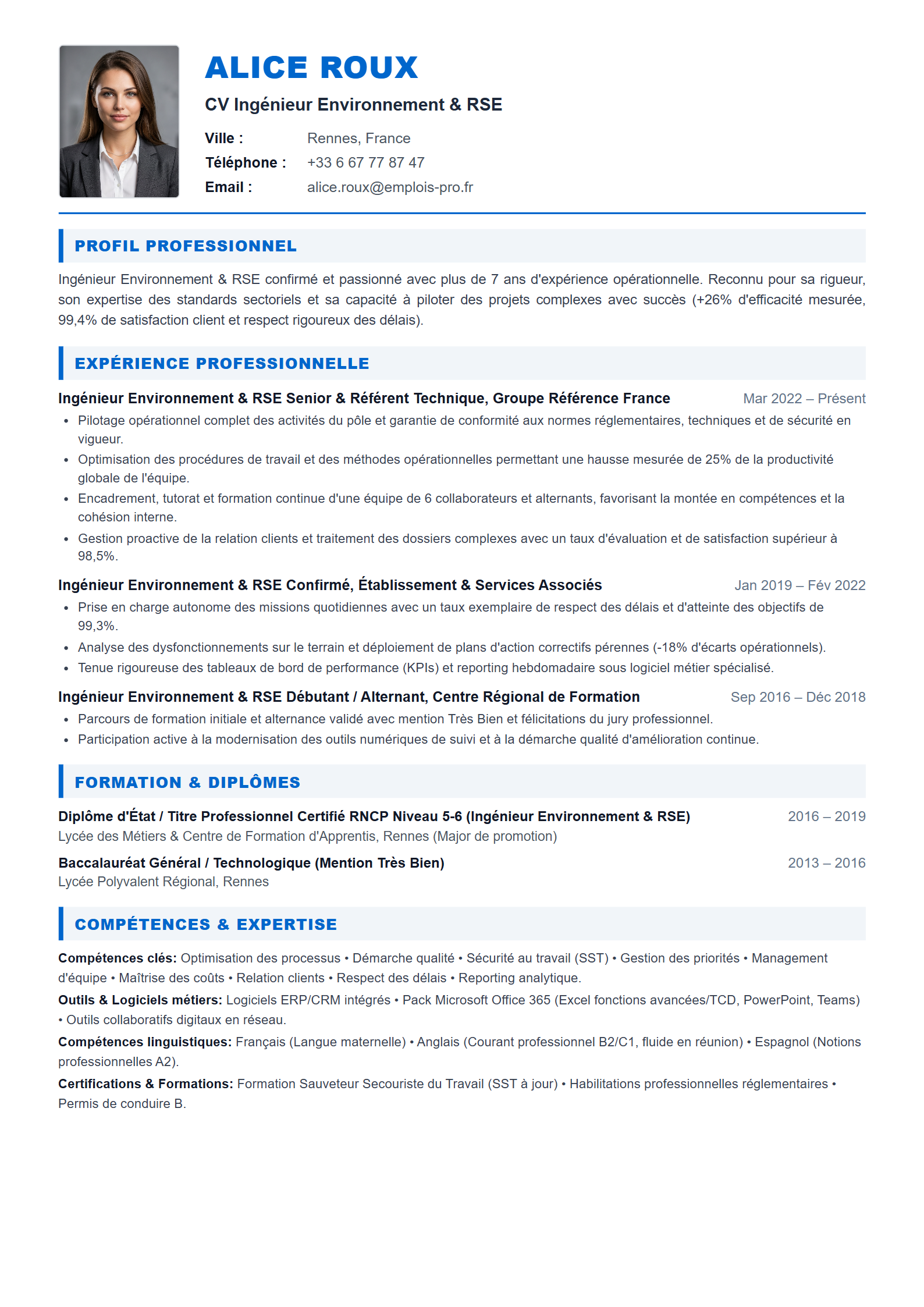 Ingénieur Environnement & RSE Resume Example