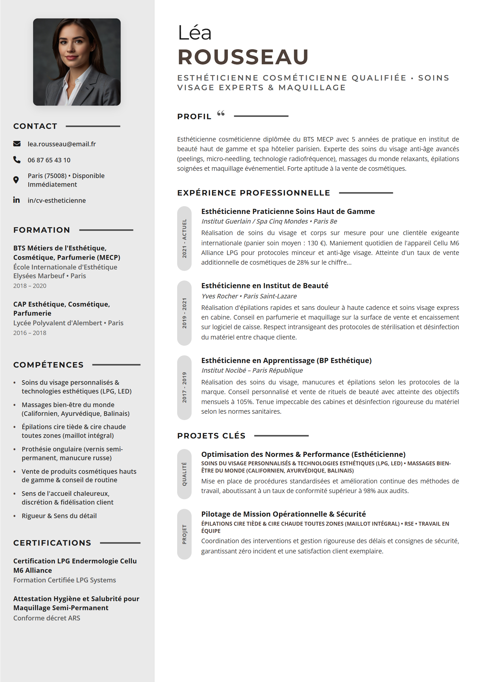 Exemple de CV Esthéticienne (Modèle Professionnel - Format A4)