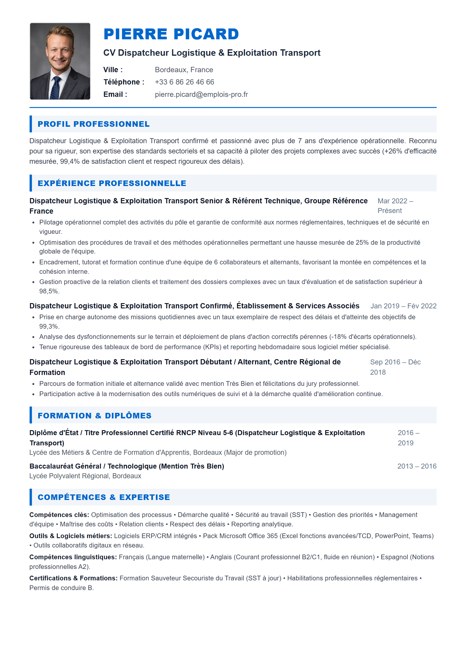 Dispatcheur Logistique & Exploitation Transport Resume Example