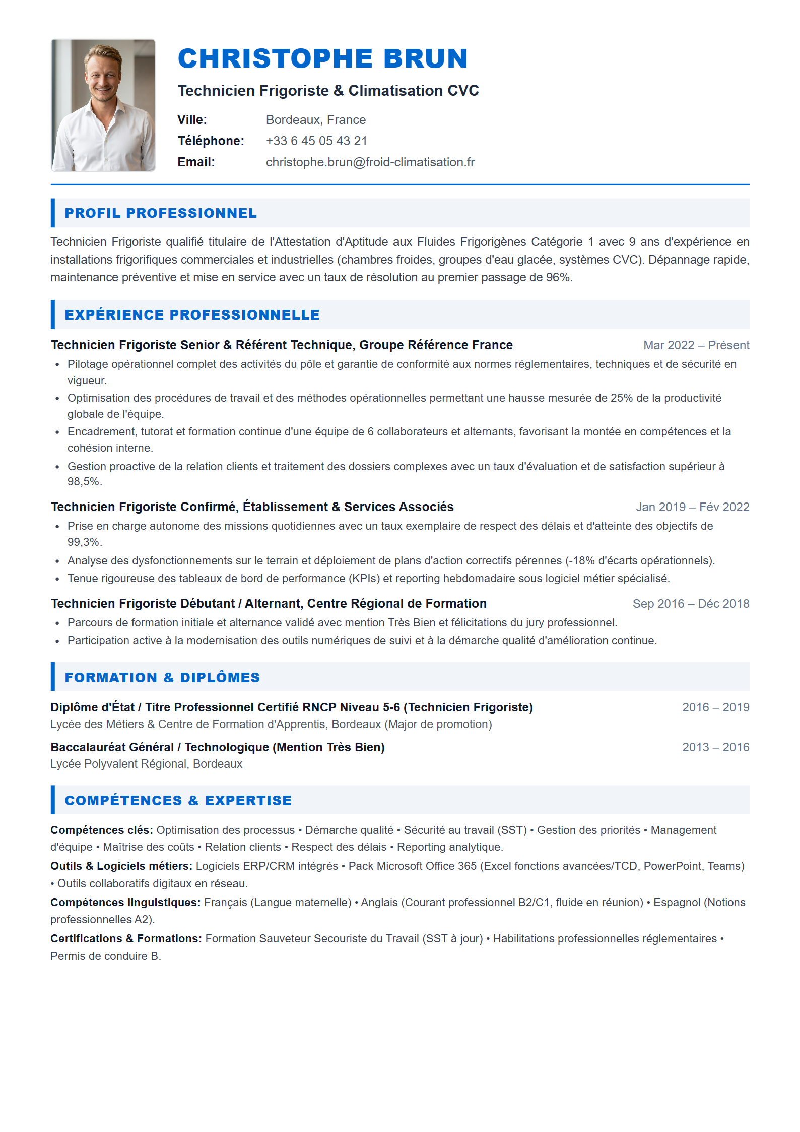 Modèle de CV Technicien Frigoriste