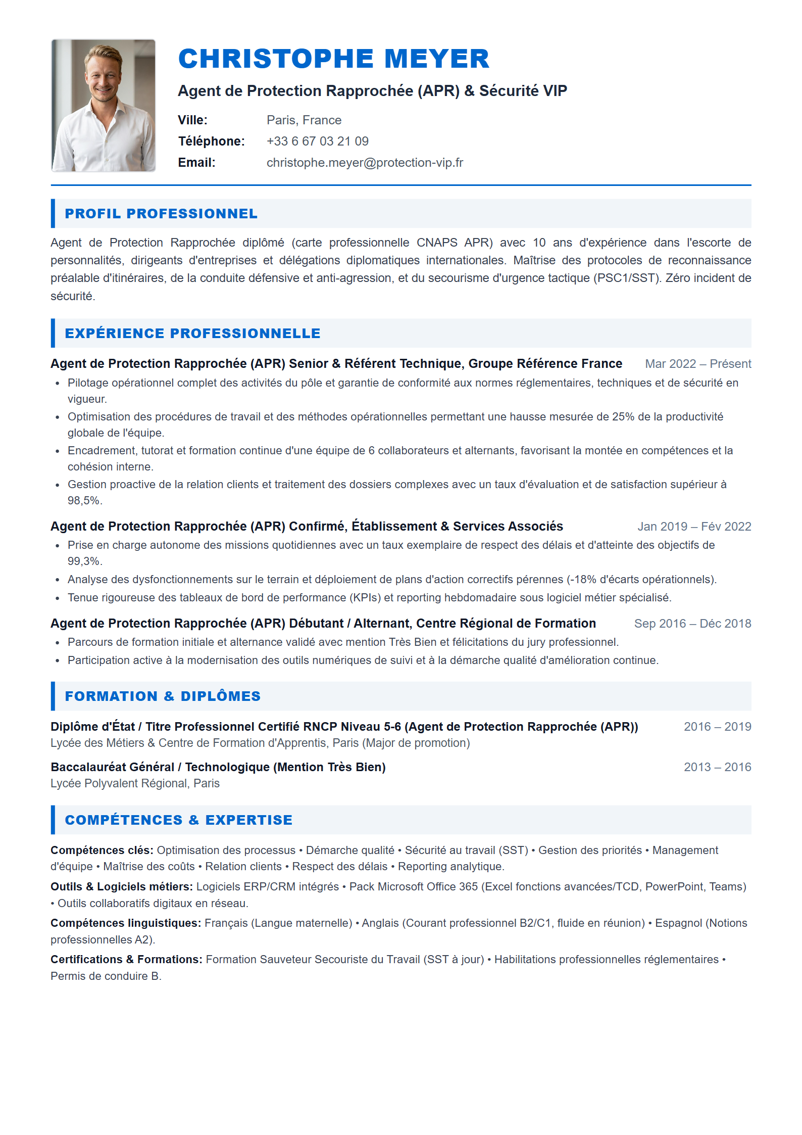 Modèle de CV Agent de Protection Rapprochée (APR)